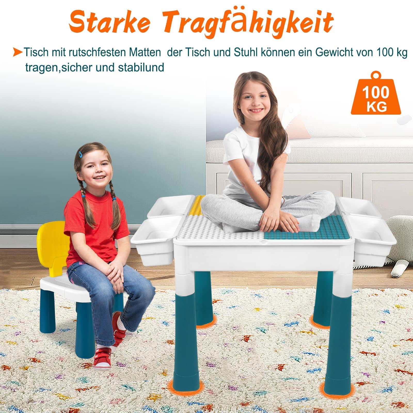 LZQ 6-in-1 Kinder Tisch Stuhl Set Spieltisch mit Stauraum Doppelseitige Höhenverstellbare Tischplatte