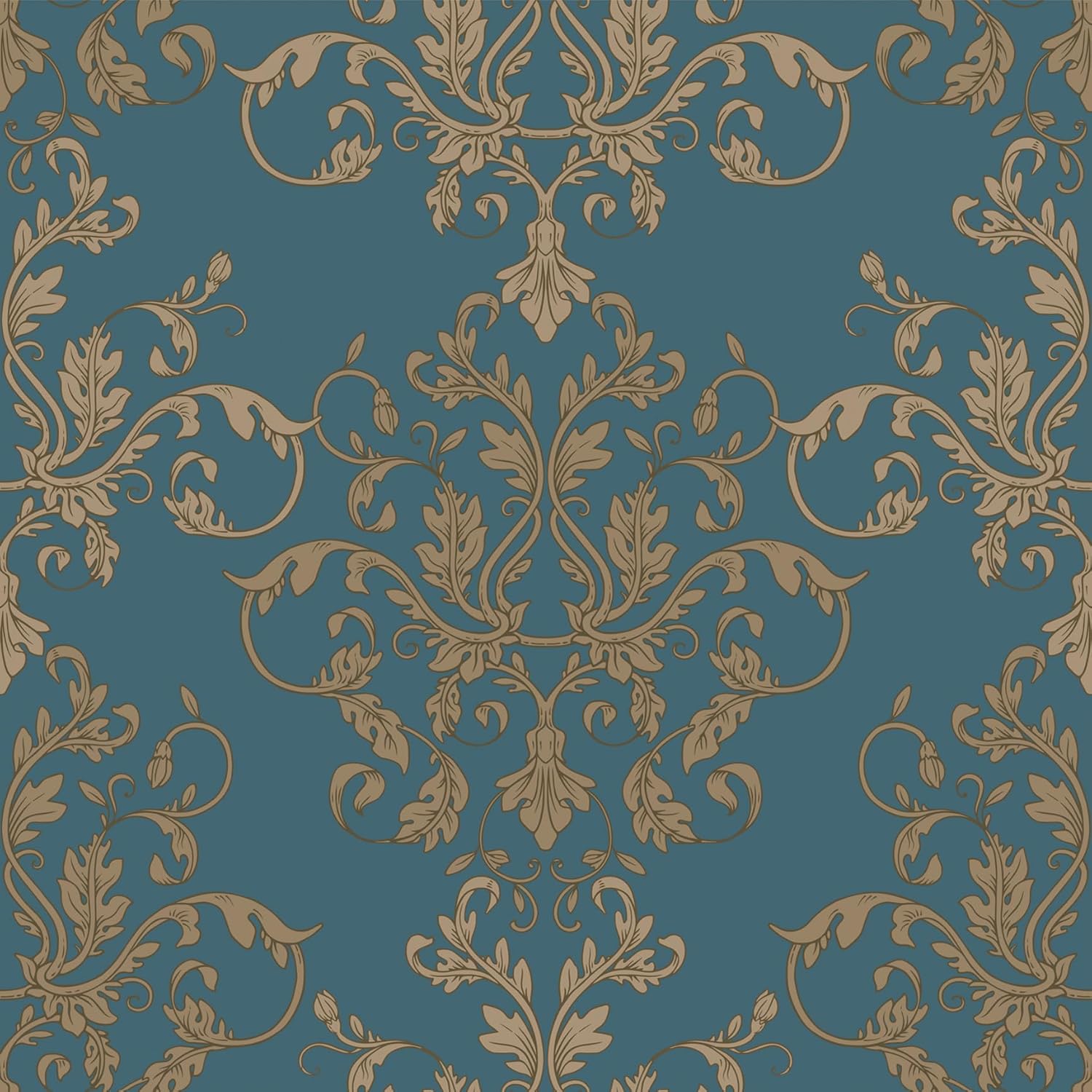 Vintage Damask Peel and Stick Wallpaper, Self Adhesive Removable Vinyl Wall Covering, Teal Gold Traditional, 17.3" x 118", Home Decor for Bedroom, Living Room