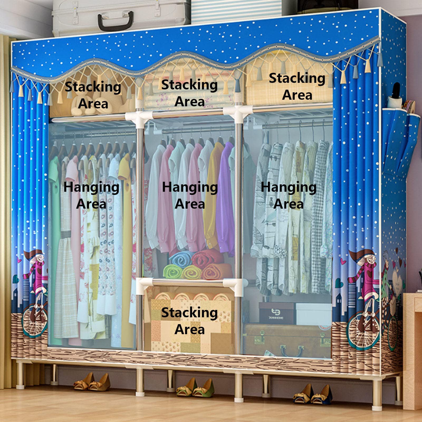 Kleidergarderobe, tragbarer Canvas-Kleiderschrank für Schlafzimmer, Kleiderschrank-Aufbewahrungsorganisator mit Kleiderstange, faltbarer Schrank, robust und langlebig, B-148 x 46 x