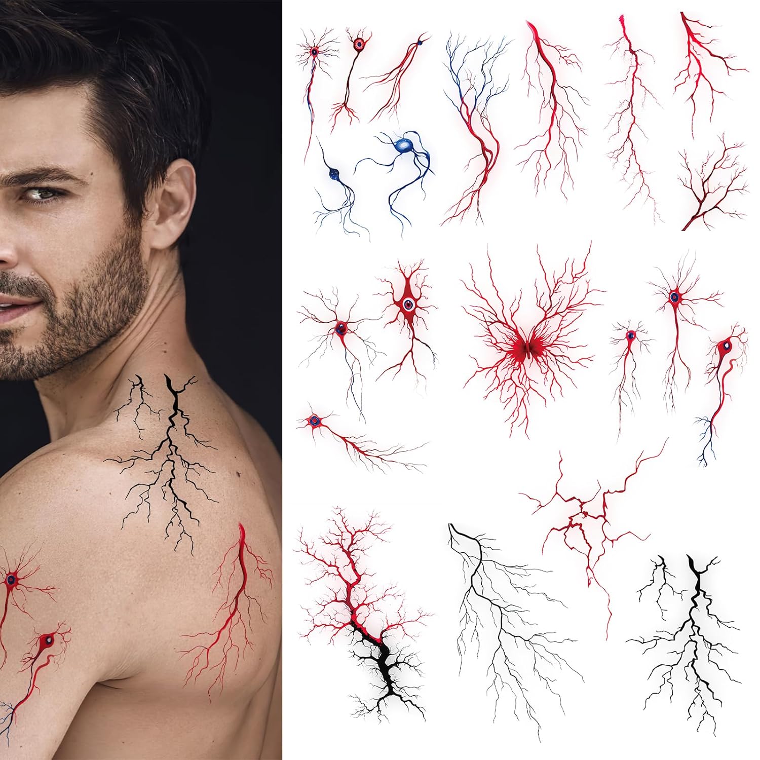 10 Sheets Nervous System Lightning Temporary Tattoo Stickers Nervous Vascular DIY Art Makeup Waterproof Fake Tattoos for Adults