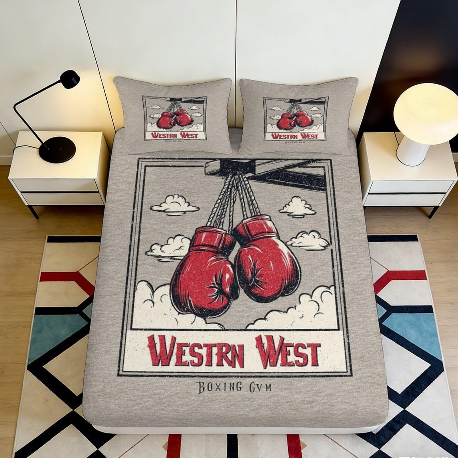3D Printed Boxing Gloves Fitted Sheet Microfiber Deep Pocket Non-Slip Bedroom Bedding Set Boxing Theme Mattress Fitted Cover 140x200x25cm