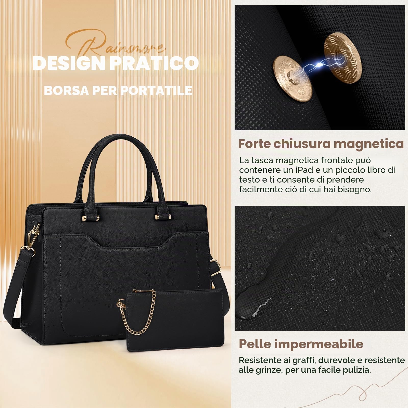 RAINSMORE Borsa Donna Università Grande per Lavoro - Tote Bag in Pelle PU, Tracolla Firmata, a Spalla