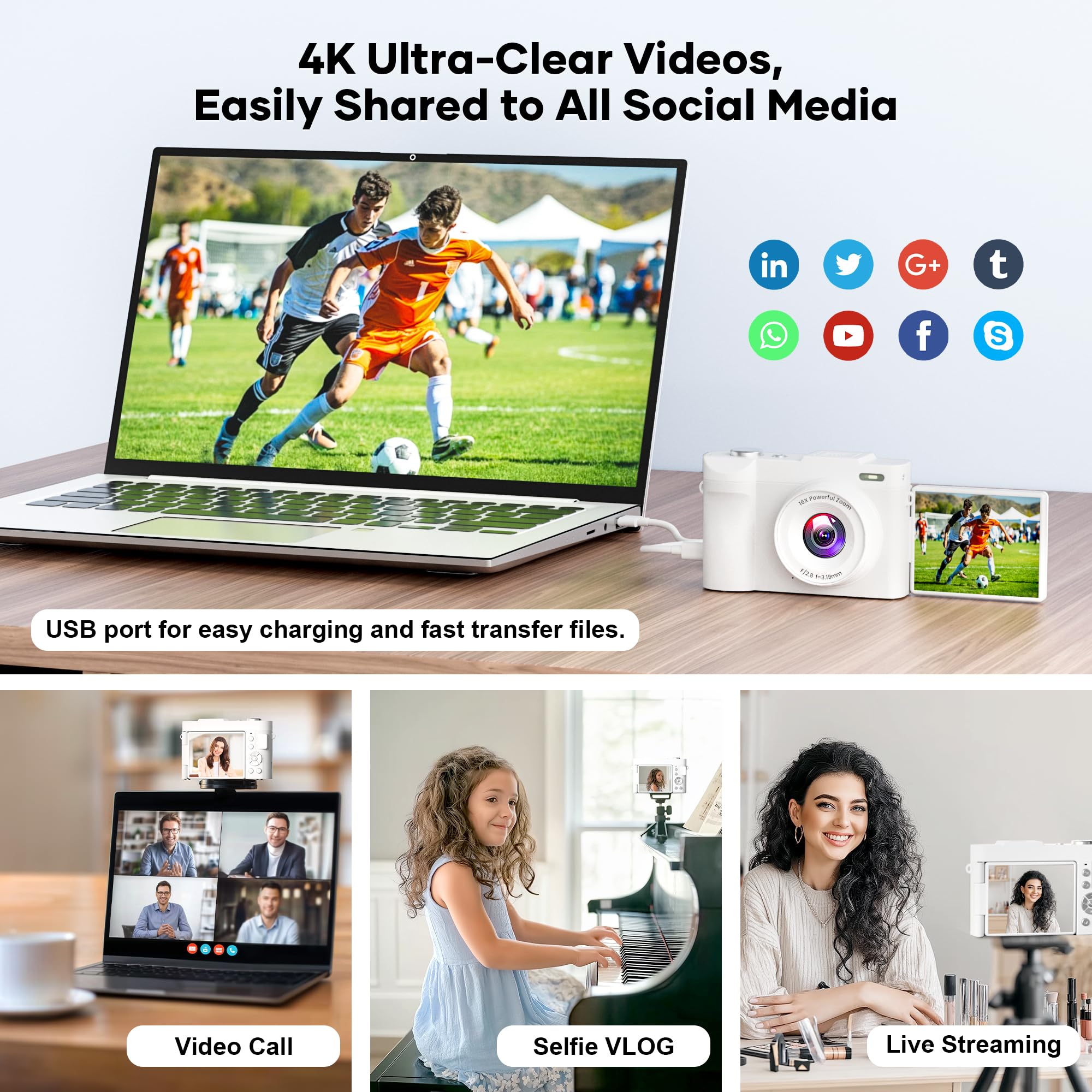 4K Digital Camera for Photography, Small Vlogging Camera with Flip Screen for YouTube, 50MP 16X Zoom, Portable Travel Cameras with 32GB SD Card for Beginners(White)