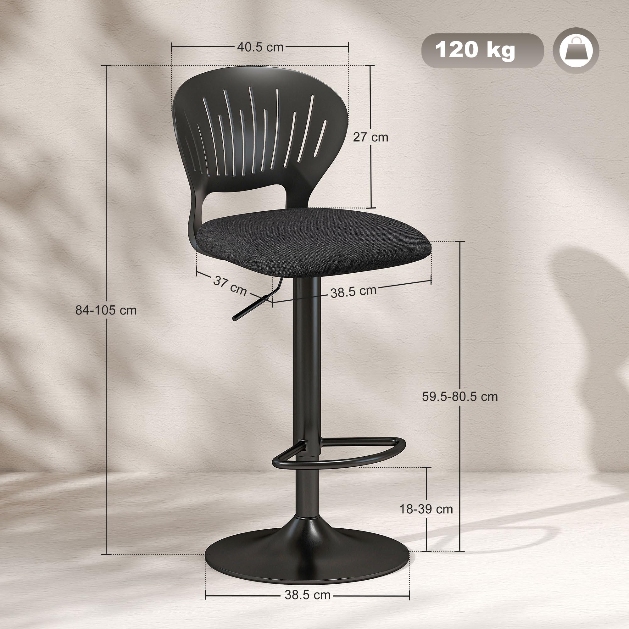 HOMCOM Lot de 2 tabourets de Bar réglables en Hauteur, tabourets de Cuisine Hauts en Tissu de Lin avec Dossier, Repose-Pieds et Assise Souple, Structure en métal, tabourets de Bar Hauts pivotant à