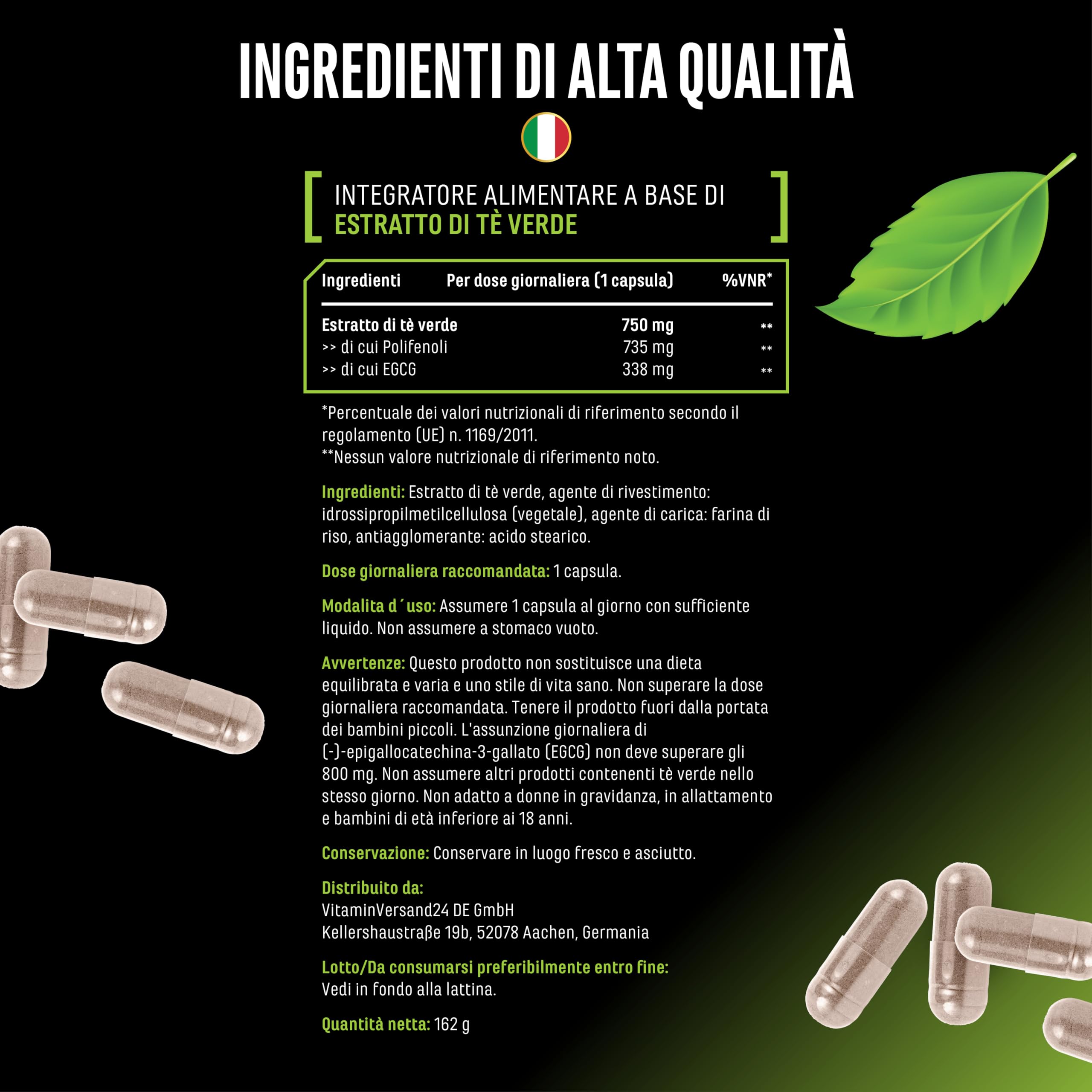 Estratto di tè verde - 180 capsule - Dosaggio extra elevato con 750 mg di estratto di tè verde per capsula - 95% di polifenoli e 45% di EGCG - Senza additivi superflui - Vegano