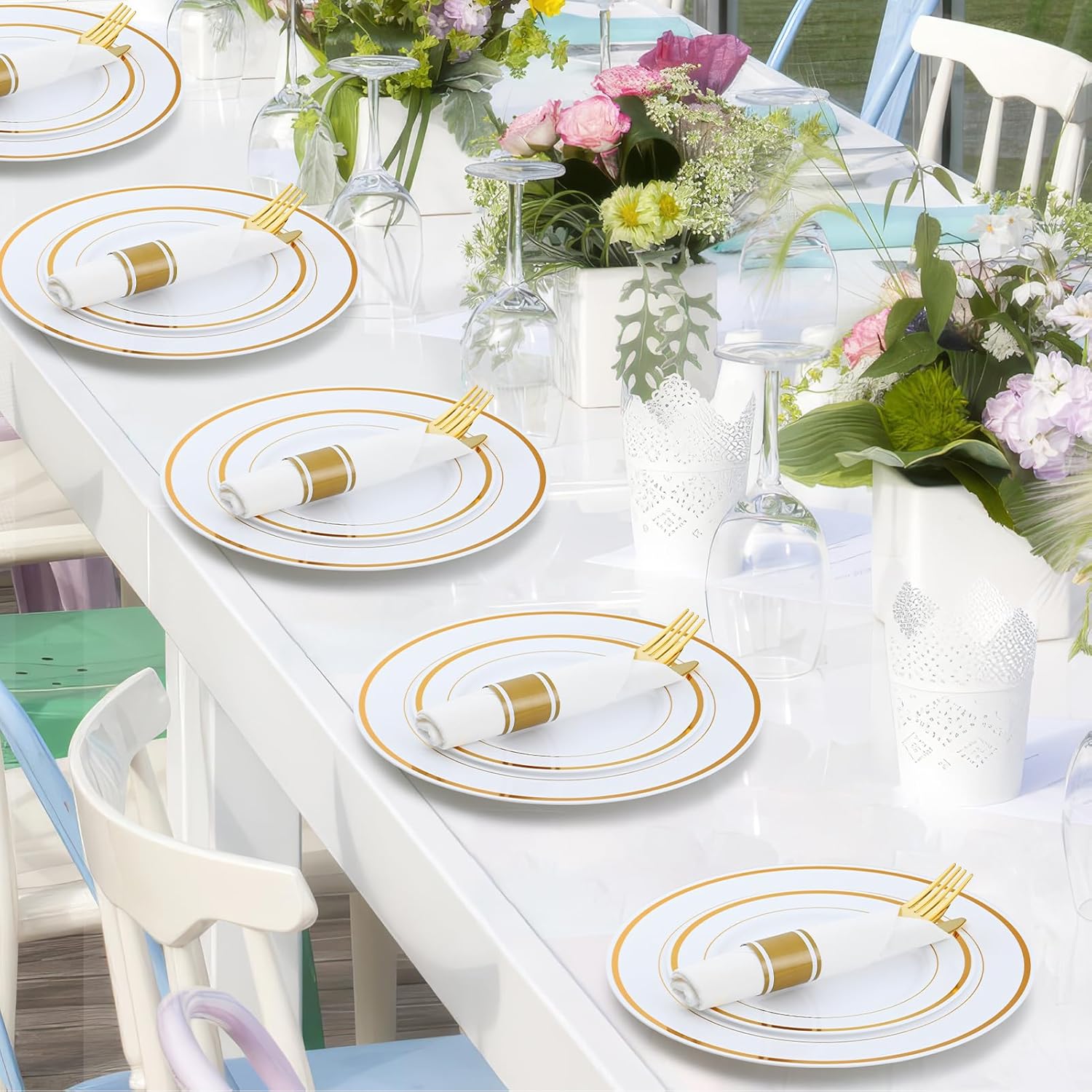 Pre Rolled Gold Plastic Cutlery Set, 120 Pack Wrapped Plastic Silverware Set with Napkins, Forks, Knives, and Spoons, Disposable Heavy Duty Plastics Utensils Set for Party Birthday Weddings Dinner