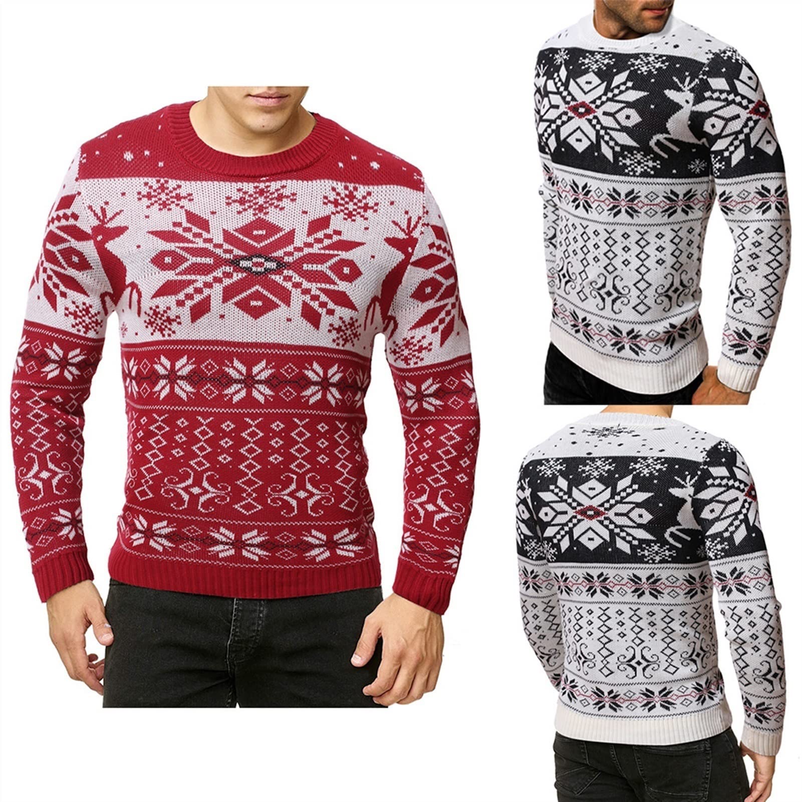 Pull de Noël en tricot doux pour homme Col rond Manches longues Flocon de neige Couleur A Taille M