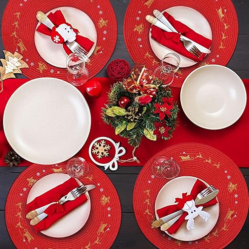 Vista 6 de Tioncy 6 manteles individuales de plástico redondos de Navidad con copos de nieve rojos de 13.4 pulgadas, mantel individual de reno de invierno