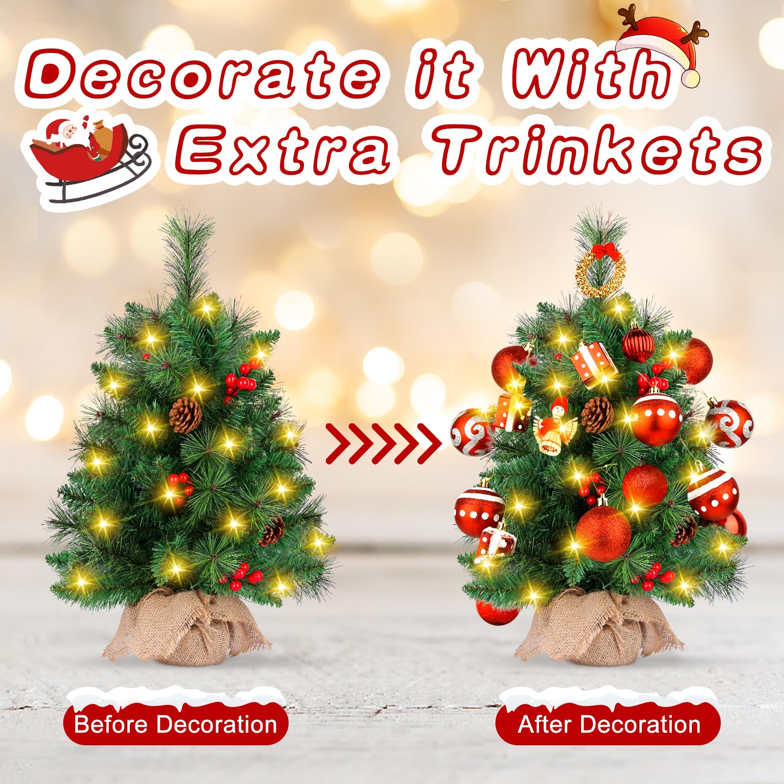 Albero Di Natale Artificiale 55cm Con Luci LED - Decorazione Classica Con Pigne E Frutti Rossi