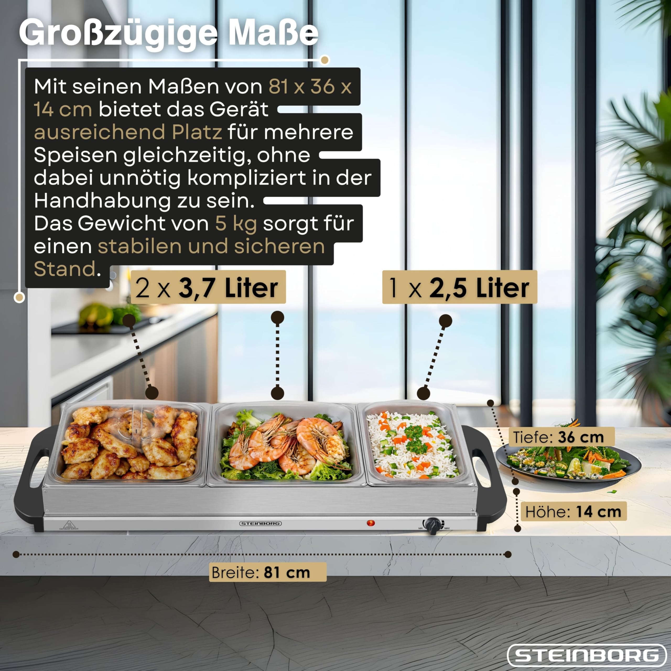 Steinborg® Elektrischer Buffetwärmer 3 Schalen – Speisenwärmer 450W Temperaturregelung, Warmhalteplatte mit 2 x3,7L + 1x2,5L Behältern Warmhaltebehälter Buffet Server für Partys, Catering und Familie