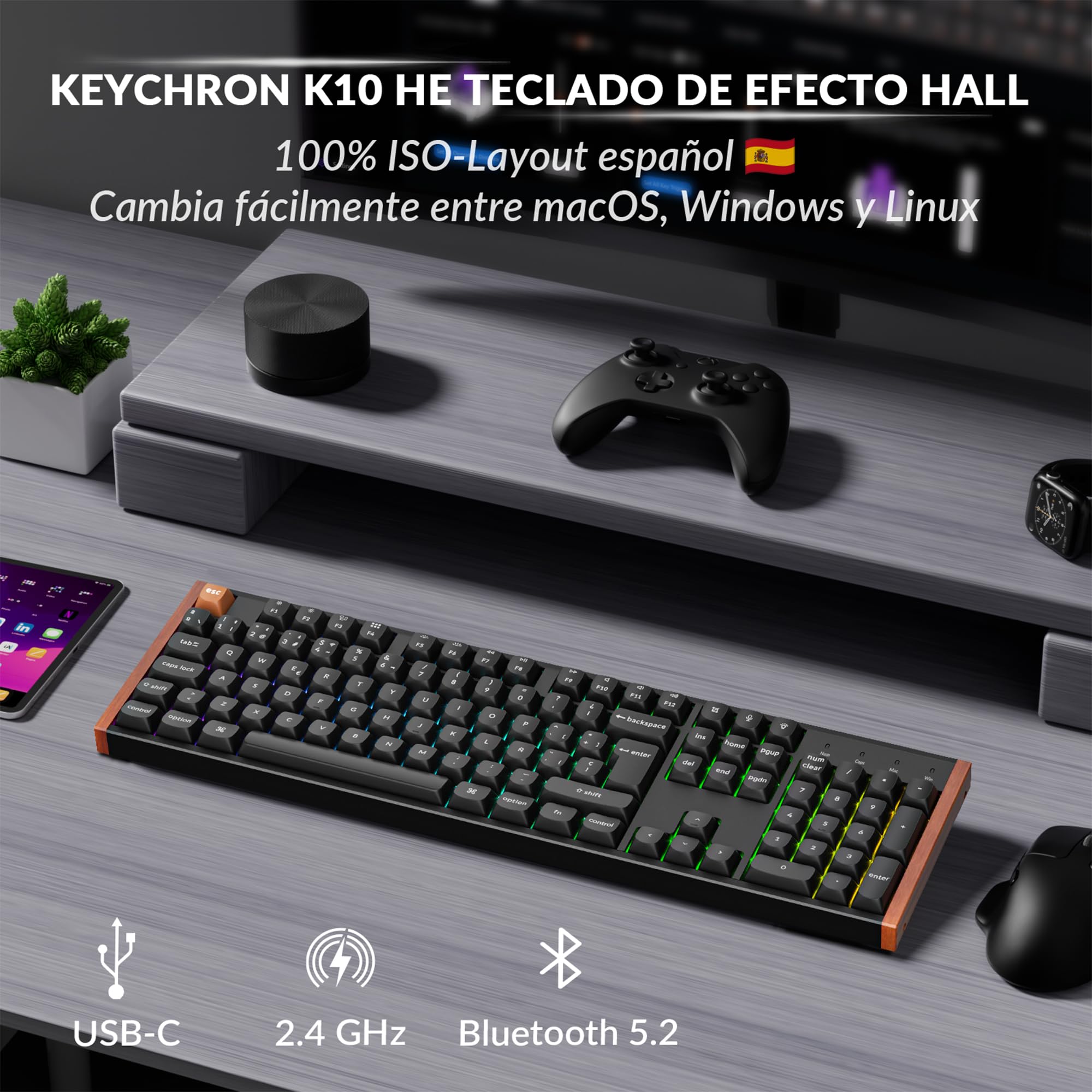 Keychron K10 HE Teclado Gaming Inalámbrico, ISO-ES 100%, Interruptores Magnéticos de Efecto Hall, 2,4 GHz/Bluetooth 5.2, Teclado Programable Compatible con Mac y Windows, Edición Especial – Negro