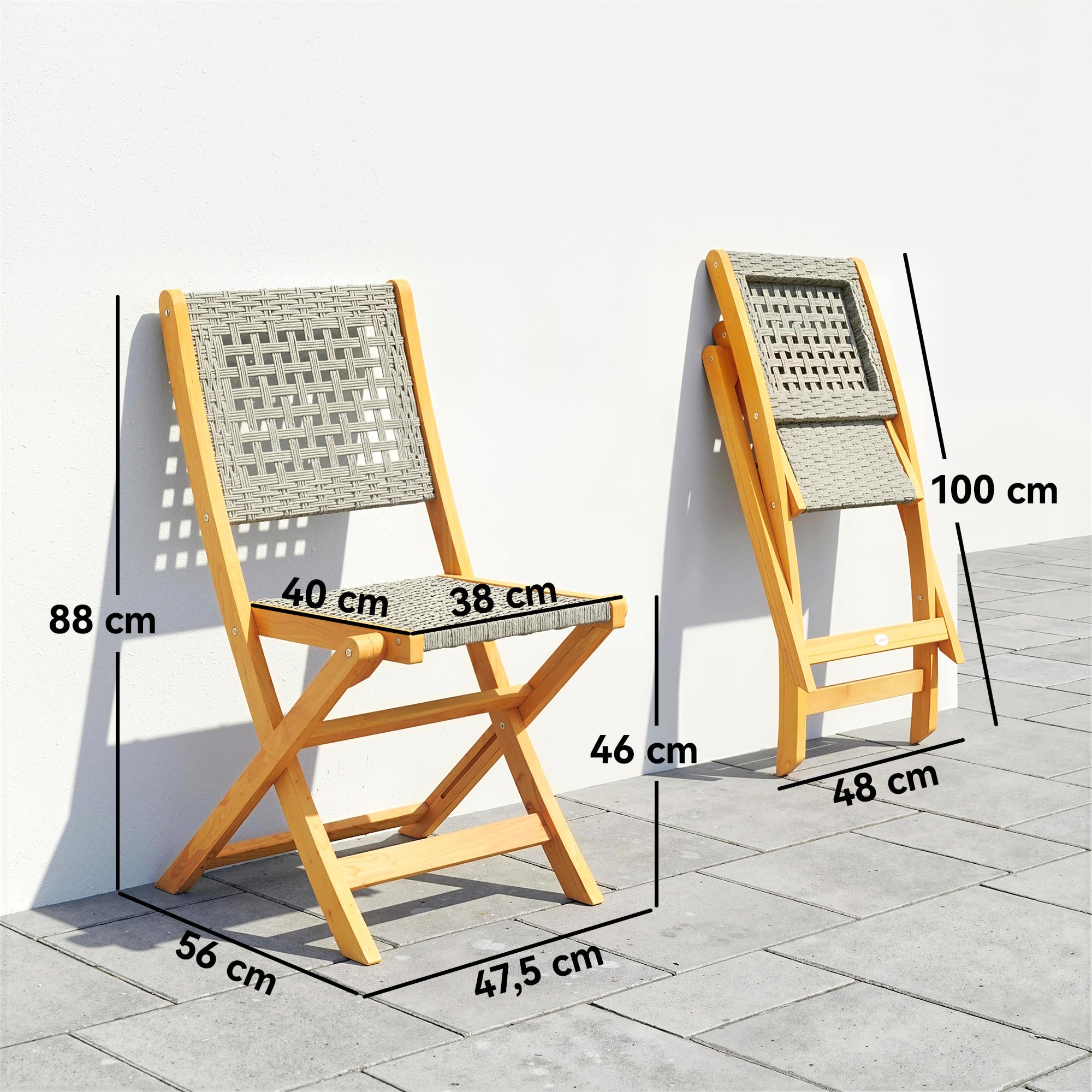 Outsunny Gartenstühle 2 Stück FSC Akazienholz Klappstuhl mit Atmungsaktiv Sitz angenehme Sitzhöhe, Gartensessel aus Massivholz & Polyrattan Balkonstühle Stuhlset für Garten Balkon Terrasse Grau