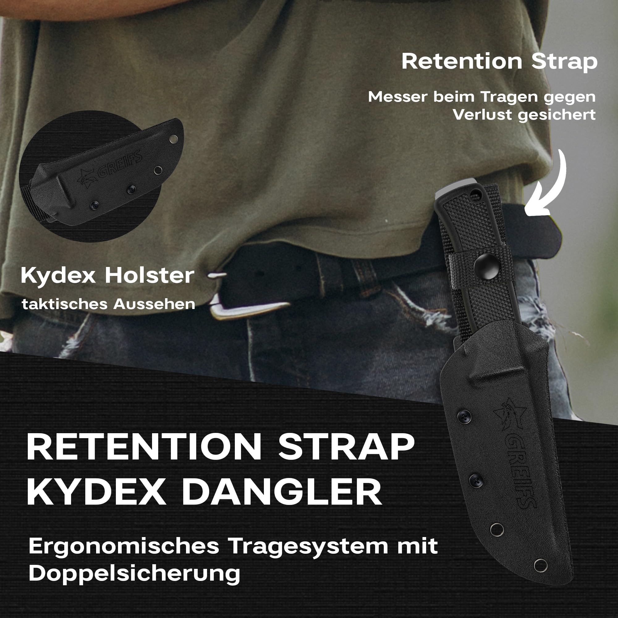 GREIFS® Outdoor-Messer G-Serie aus 440C Stahl mit Holster & Dangler, edles Survival Messer für die Bushcraft Ausrüstung, Jagdmesser, Schnitzmesser, Fahrtenmesser (G5/Schwarz)