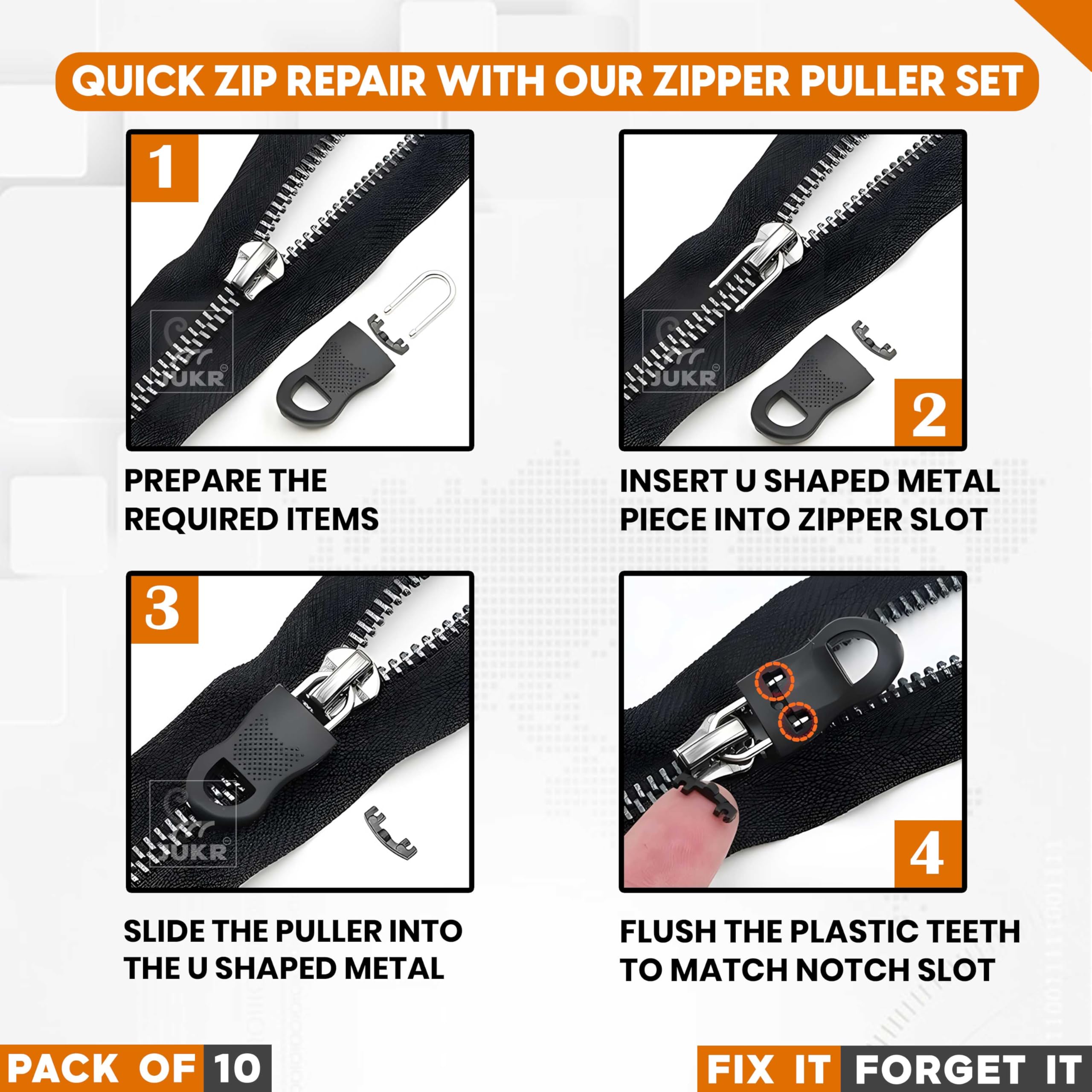 JUKR Multipurpose Detachable Zipper Puller Broken Zip Replacement Handle for Jackets, Jerkin, Raincoats, Jeans Pants, Luggage Travel Bags, Students Backpack, Handbag, Purse, Boots, Tents (Pack of 10) 1