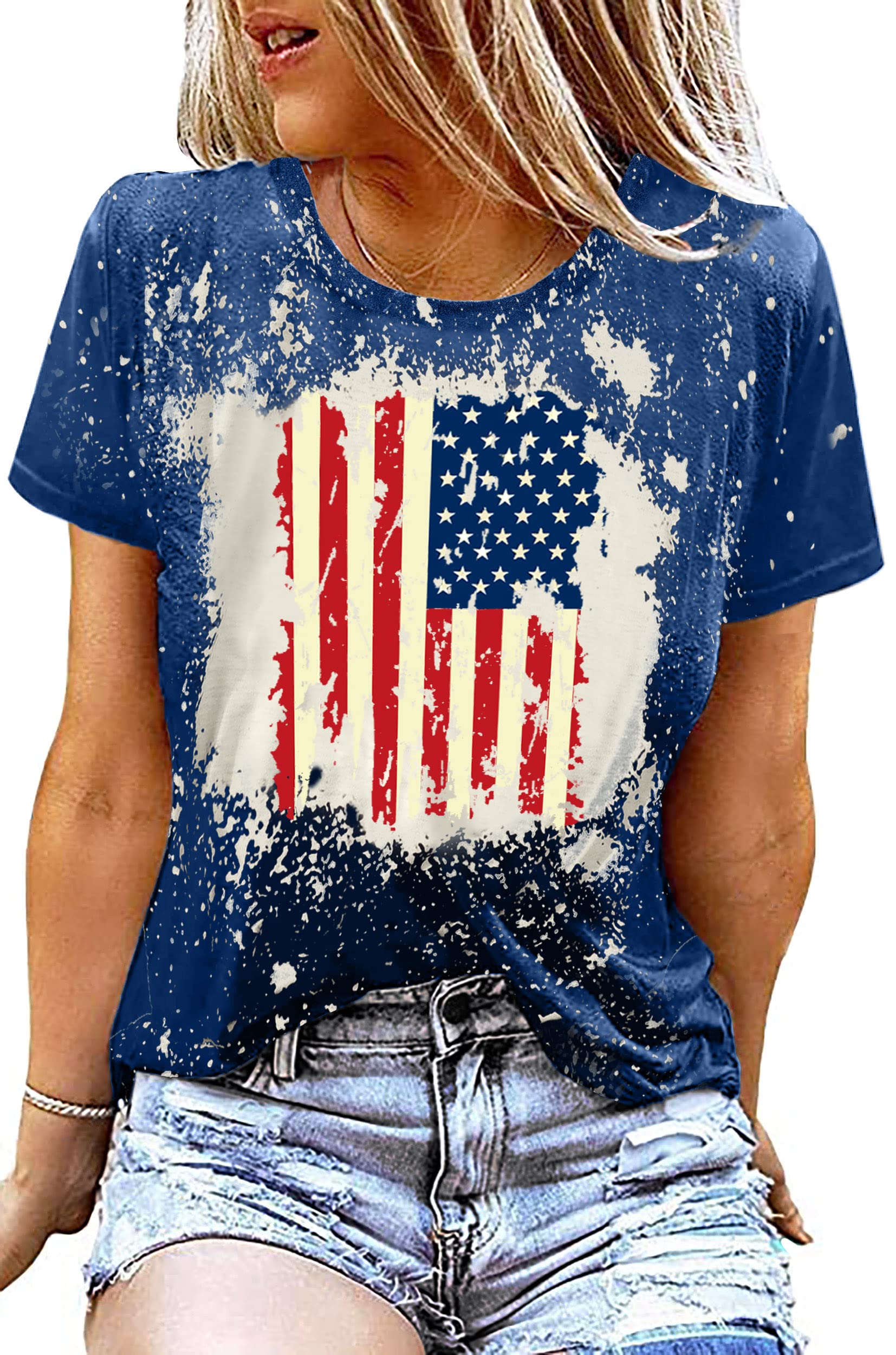 American Flag Shirt Women Patriotic Shirt Vintage USA Flag Bleached T-Shirt Short Sleeve 4th of July Tee Tops