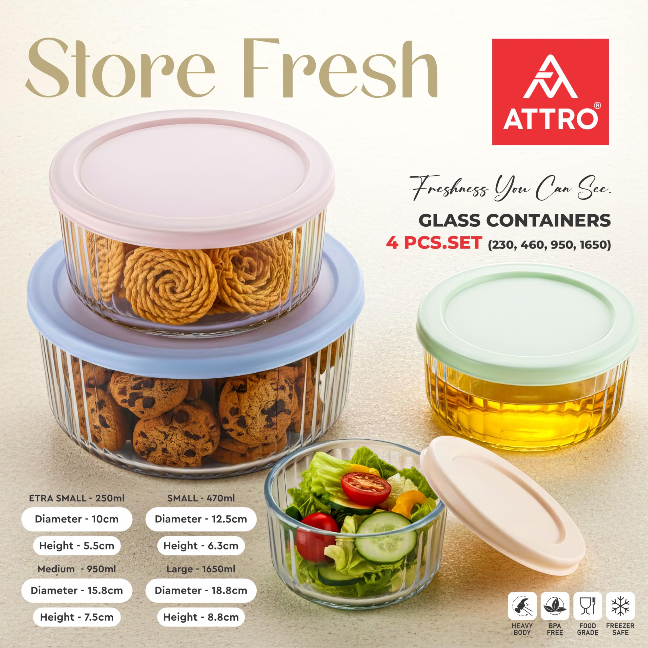 ATTRO Glassox Borosilicate Store Fresh Striped Finish Round Containers with Lids-Microwave,Oven, fridge,dishwasher safe. Transparent-set of 4 (250ml, 470ml, 950ml, 1650ml) elegant-Mix Pastel Colors — Amazon image 2