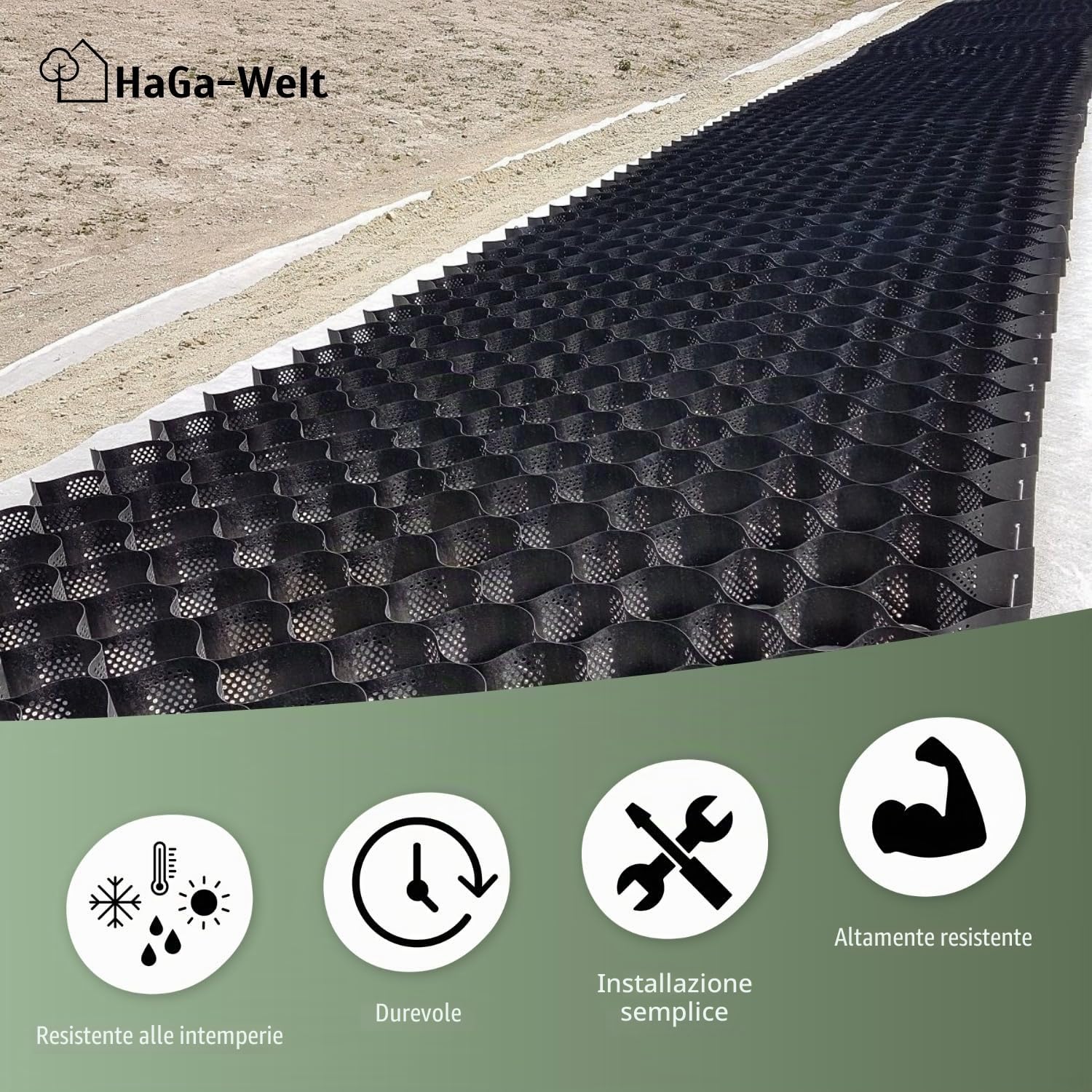HaGa Geogriglia – 6,5 m x 2,5 m (16,25 m²) | Altezza 5 cm | Rinforzo fondo – Griglia di ghiaia per terreno stabile in giardino, cortile, vialetti e altro ancora | Griglia a nido d'ape | Griglia per