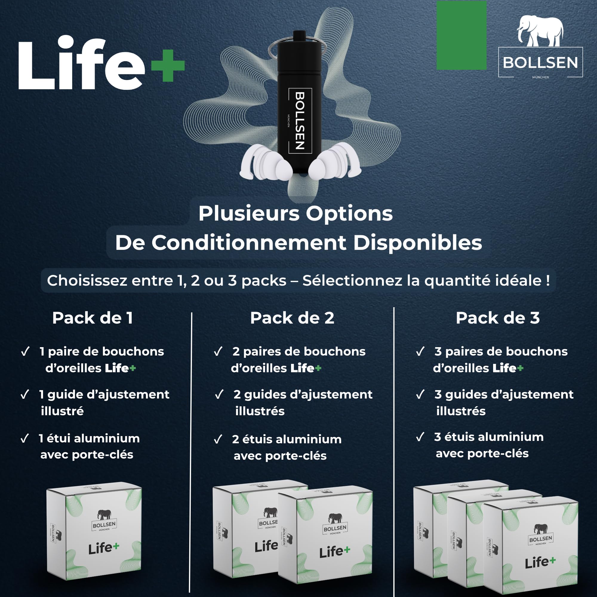 BOLLSEN Life+ Bouchons d’oreilles pour dormir – Bouchons d’oreilles en silicone anti-bruit – Réduction de bruit SNR 24 dB – Confortables jour et nuit – Durables et réutilisables jusqu’à 100 fois (3)