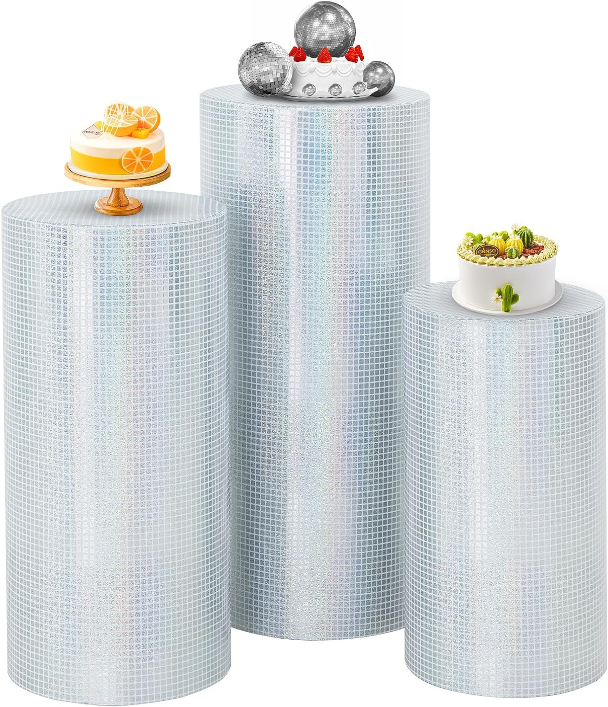 SaitiMade Set of 3 Iridescent Silver Disco Cylinder Pedestal Stand Covers | 3pcs Spandex Cylinder Stand Covers for Party, Wedding or Birthday Event Decor (Only Contains Cylinder Covers)