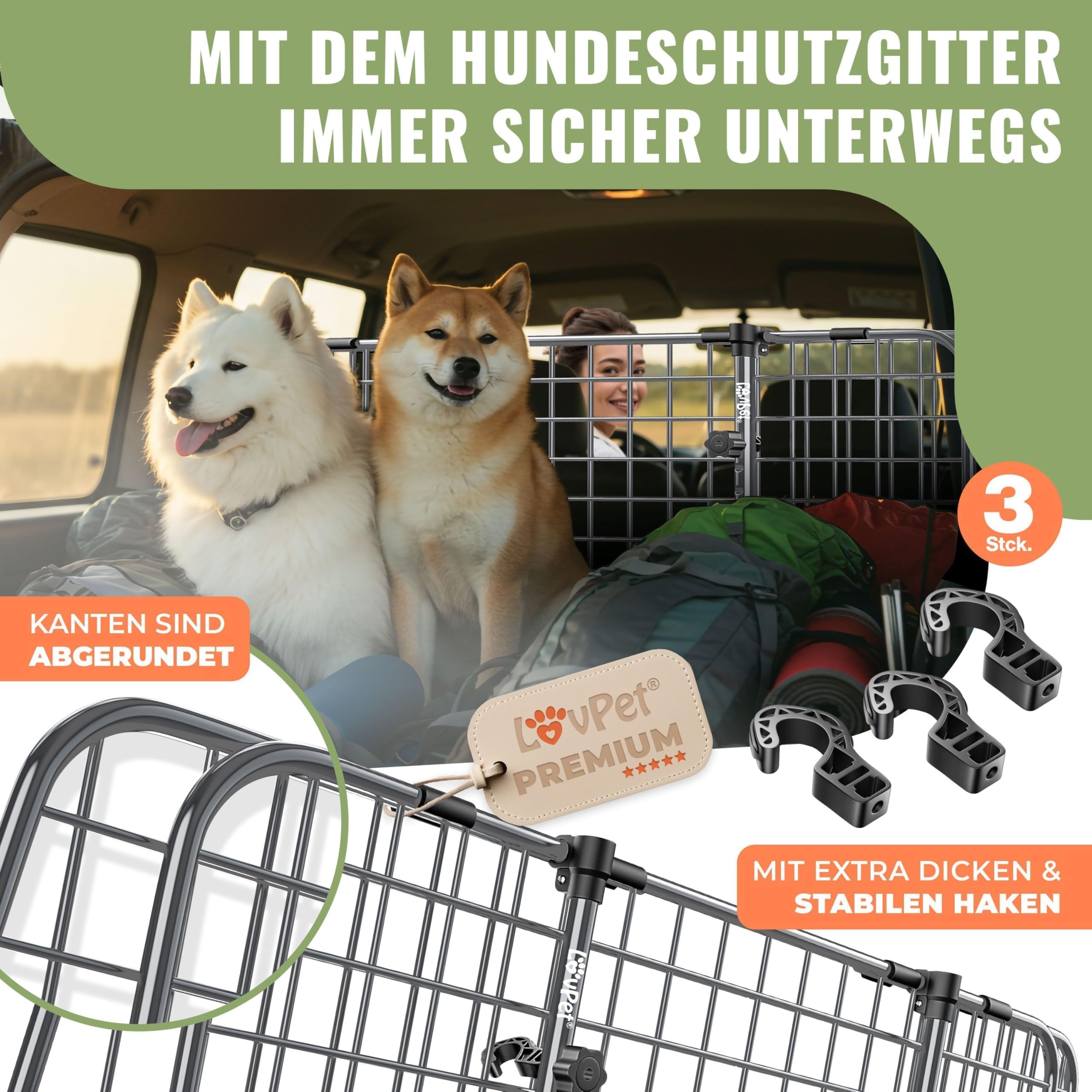 LOVPET® Rejilla de Seguridad para Coche, Rejilla de separación Universal, Ancho Ajustable, reposacabezas para el Maletero del Coche, Incluye 2 Cinturones de Seguridad para Perros (Anthrazit)