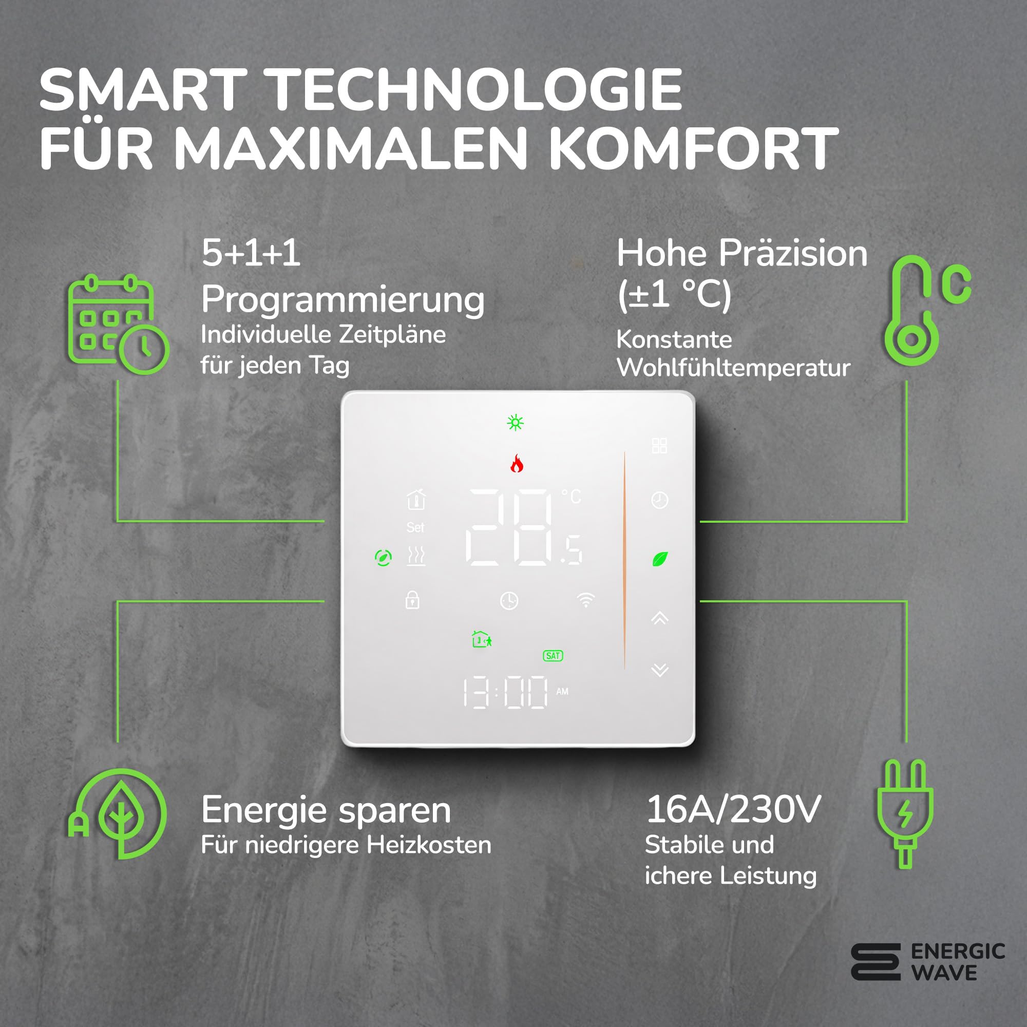Thermostat für Elektrische Fußbodenheizung - Smart WIFI Programmierbar Raumthermostat Kompatibel mit TUYA, Google Home und SmartLife - 16A 60 mm Unterputz Bodenfühler