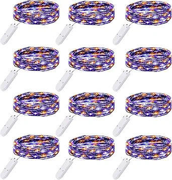 Brightown 12 Pack Purple Orange Fairy Lights Battery Operated String Lights - 7ft 20 LED Waterproof Short Micro Firefly Light for Halloween Decor, Pumpkin DIY Craft, Paper Lantern Decoration