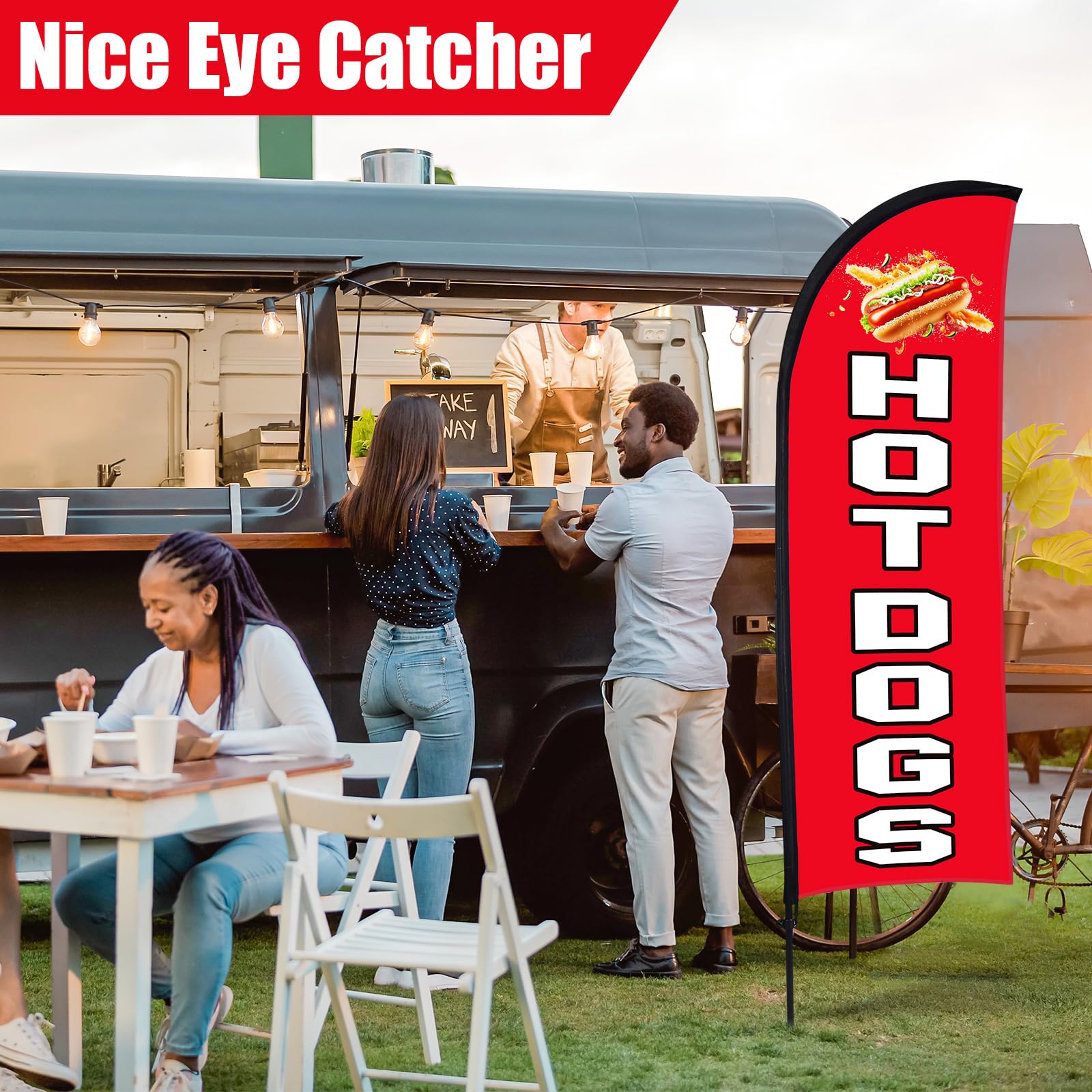 Buryeah 2 Sets Hot Dogs Federflaggen-Set, 2,1 x 1,6 m, Hot Dogs Swooper Flaggenmast Kit mit Stange, Erdspieß und tragbarer Tasche, Hot Dog-Schild für Restaurant, Werbung, Geschäft, Außenboden