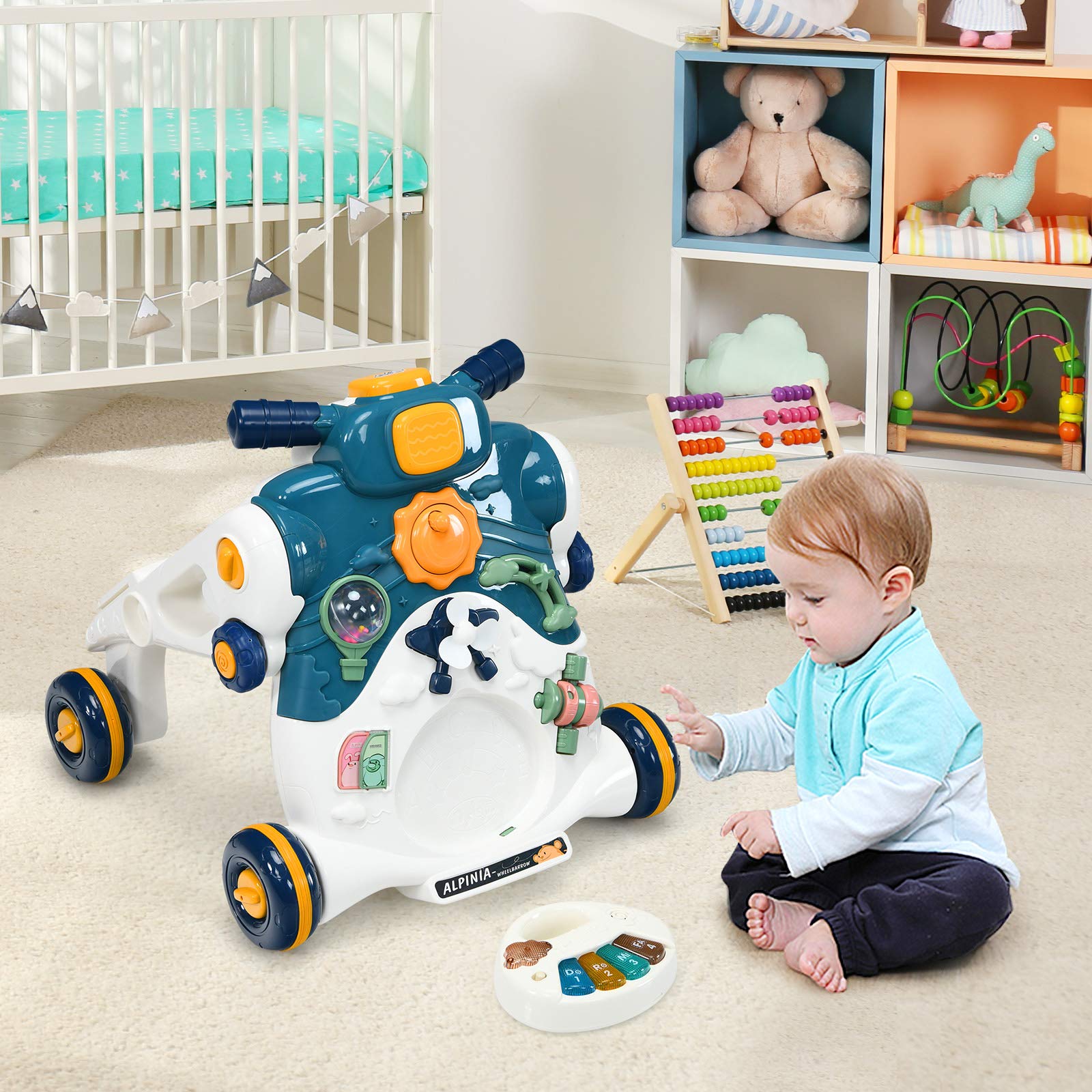 COSTWAY 3 en 1 Trotteur Bébé Évolutif avec Lumière et Musique, Voiture à Enfourcher Polyvalente avec 4 Roues Antidérapantes, Développement de l'Intelligence, Panneau de Jeux Détachable, 6-36 Mois