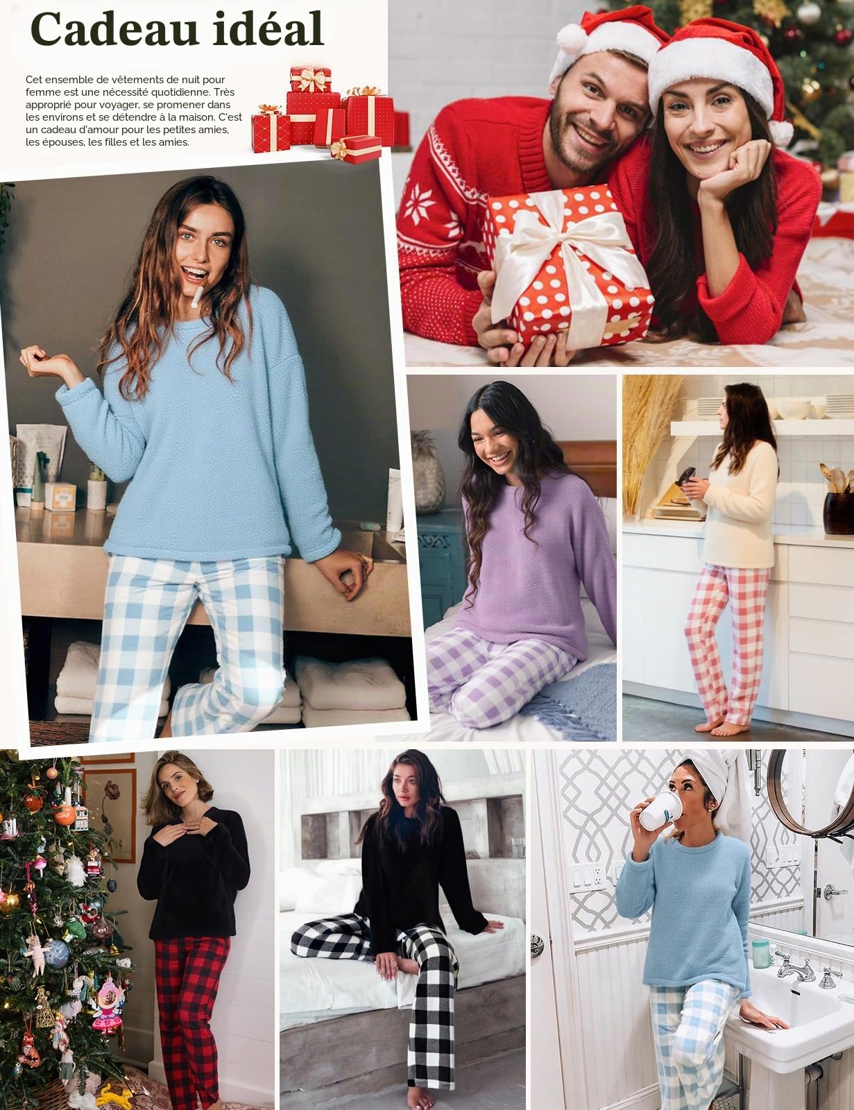 Niwicee Pyjama Femme Polaire Ensemble d'hiver Chaud Longue Ultra Hiver Pyjama Deux Pièces épaississant Et Chaud Pilou Manches Longues Tenue d'intérieur Cadeau de Noël