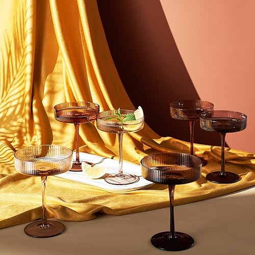 Miniatura 5 de Khen Venus Colors - Juego de 6 vasos de copa acanalados de 10 onzas, vaso de Martini único, cóctel clásico Galssware, juego de vasos de bar perfecto