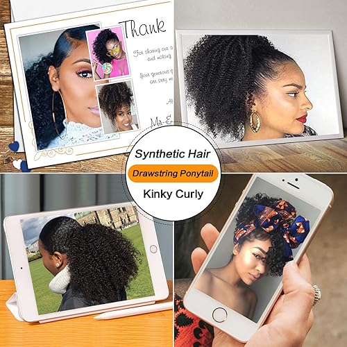 Miniatura 7 de PEACOCO Cola de caballo afro rizada con cordón para mujeres negras, extensiones de cola de caballo afro de 6 pulgadas, cabello sintético con 2
