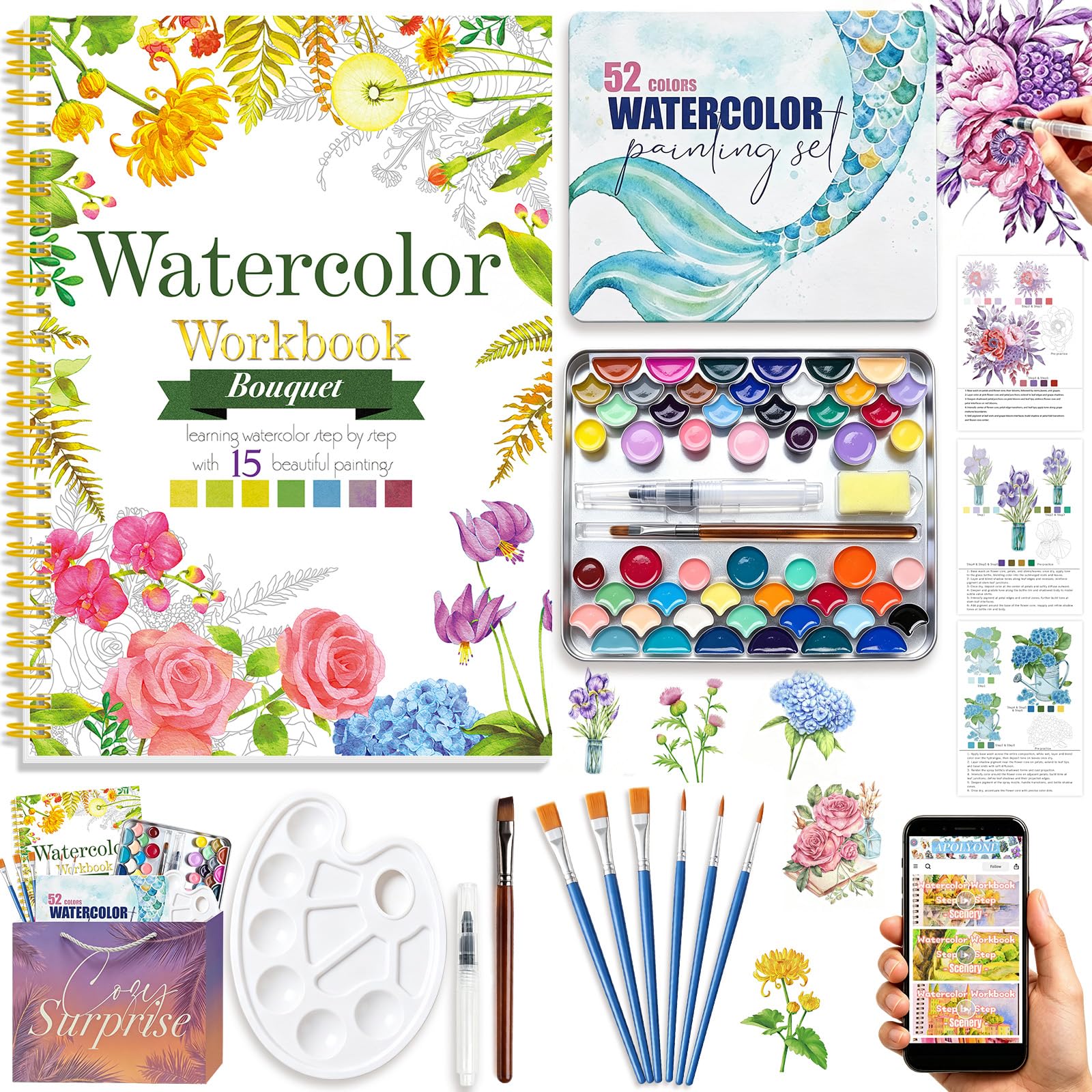 Watercolor Workbook Kit - 52 Colors, 7 Brushes -1