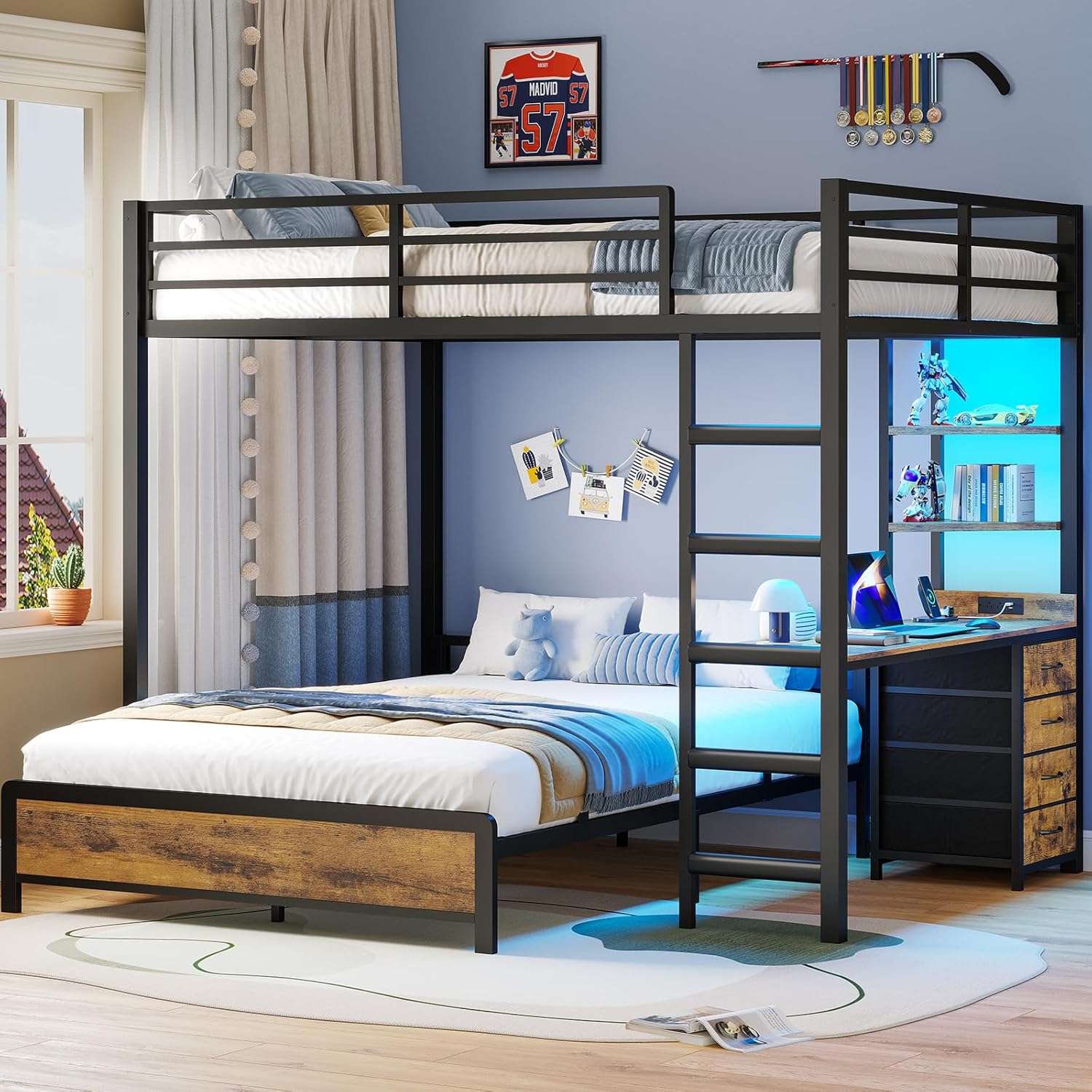 ADORNEVE Bunk Bed with Desk, Full Over Full Bunk Beds with Charging Station & Led Lights, 4 Storage Drawers & 2 Open Storage Shelves, Metal Loft Bed with Safety Guardrail & Ladder for Kids/Teen, Black