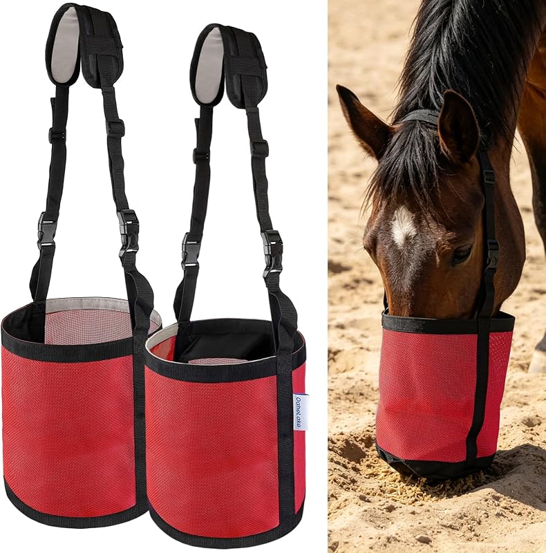 Saco Alimentador para Cavalos OAHELAKE com Tela Respirável, Fundo Reforçado e Design Antiderramamento, Vermelho, Pacote com 2