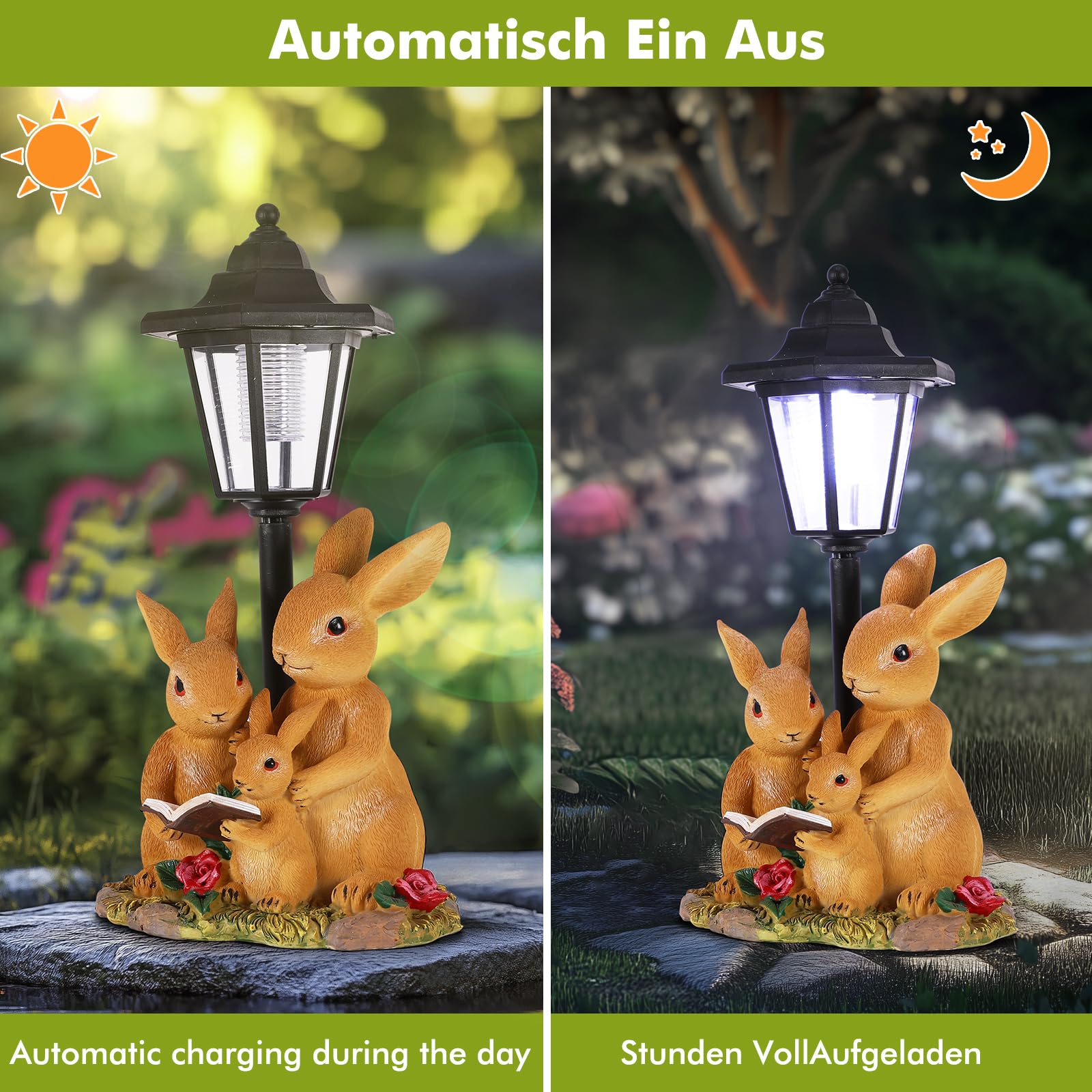 Statua Giardino Coniglio Solare Con LED: Decorazione Da Esterno In Resina, 7 Luci Colorate E Farfalle, Impermeabile IP65