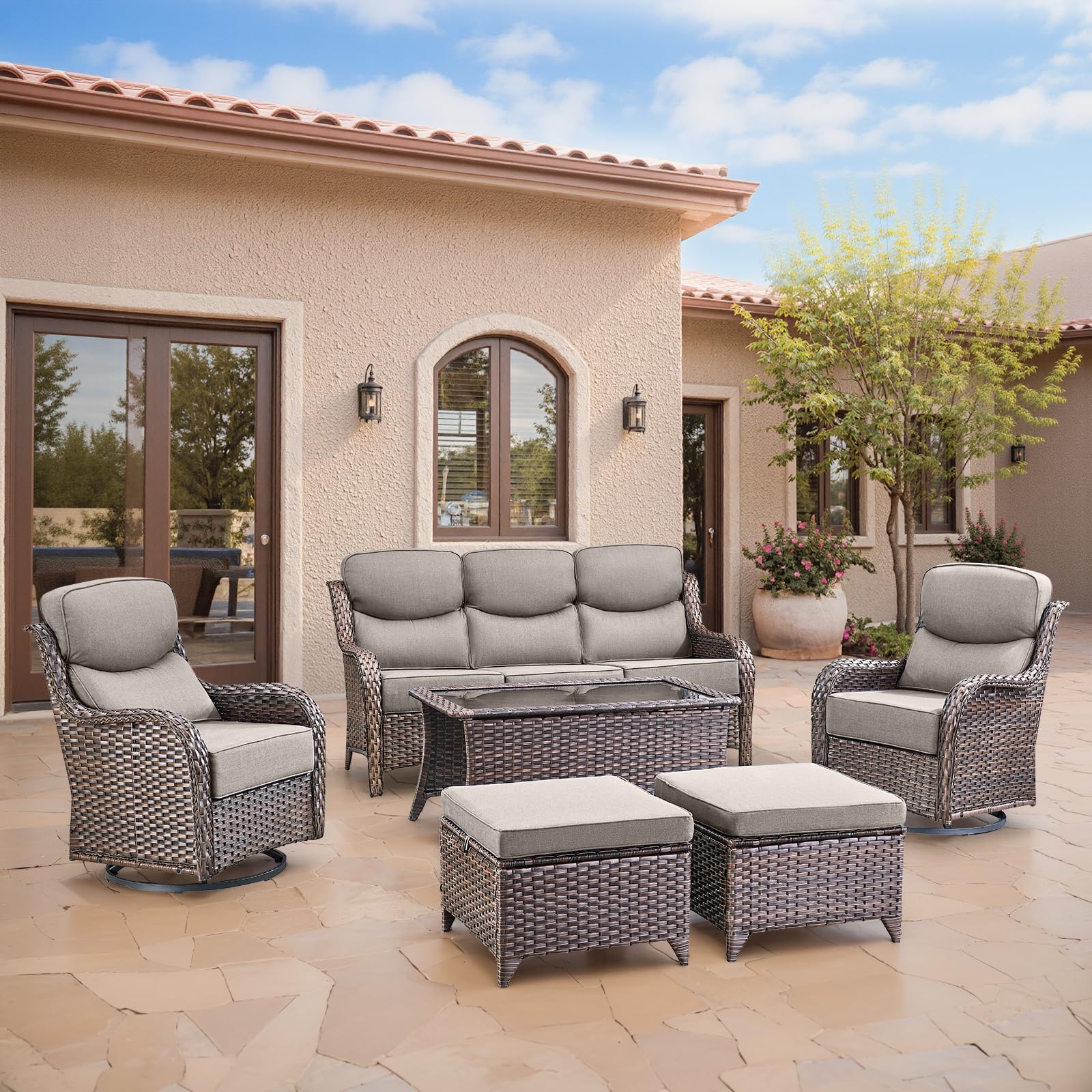 Swivel Patio Chairs sofa Set of 6 with 6" Thick Cushion - Wicker Outdoor Swivel Rocker Patio Chair ,Sofa/Glass coffee table, High Back Comfortable