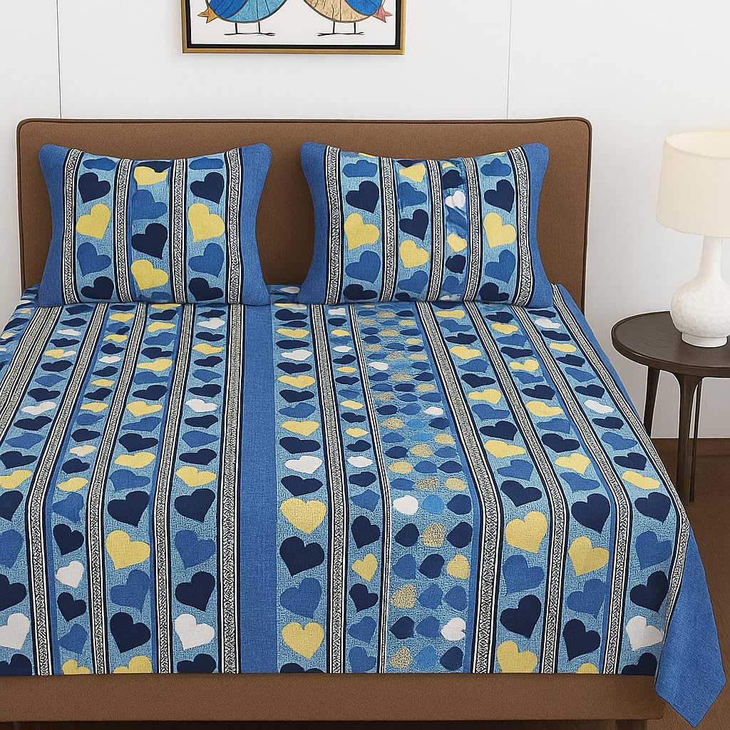 BSB HOME 100% Cotton Feel Double Bed Bedsheet Set | 144 TC Soft & Breathable | Blue White Leaf Print with 2 Pillow Covers | Wrinkle Free | for Bedroom & Gifting (90 x 90 Inches)