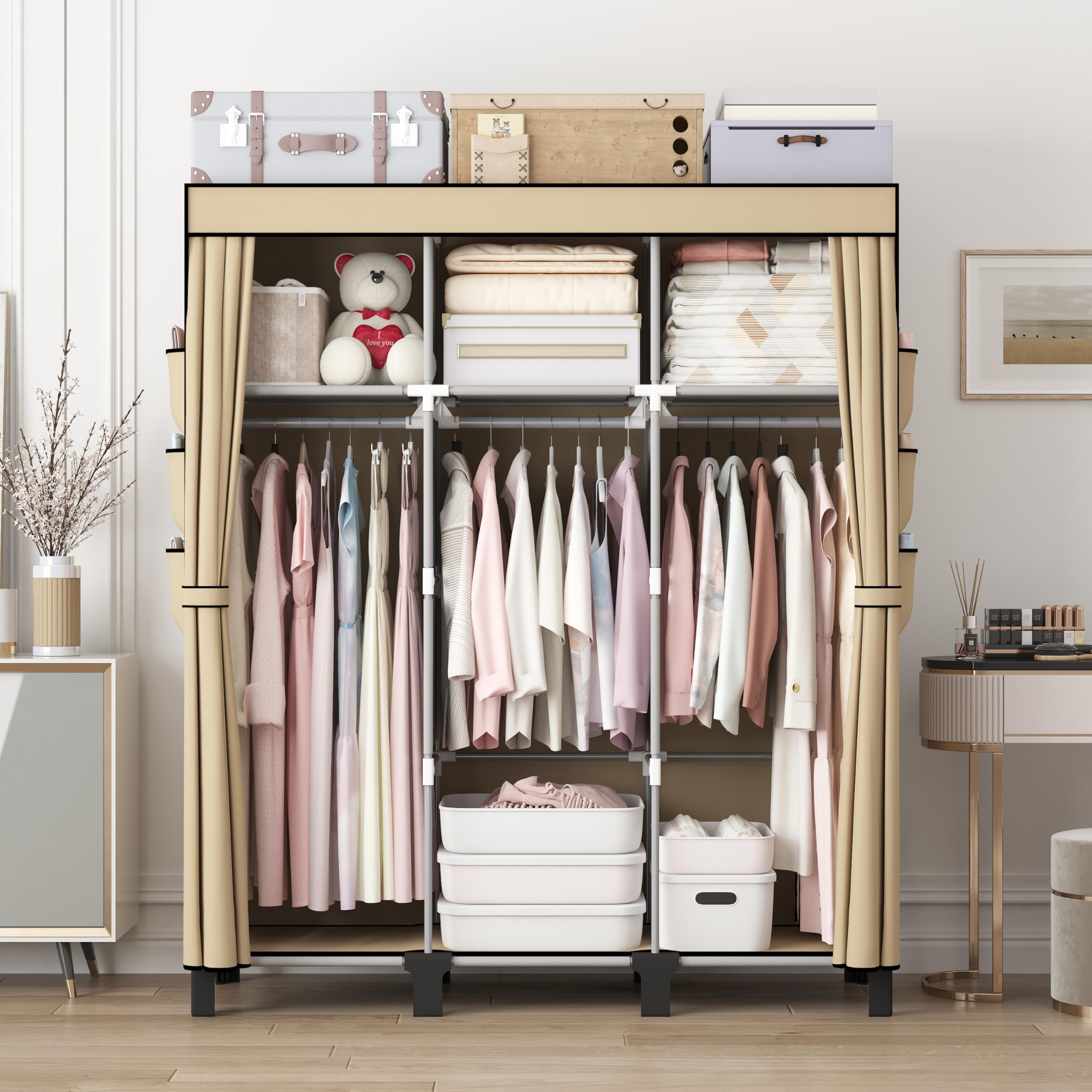 Tragbarer Vlies-Stoffschrank 130x45x170cm faltbar mit 3 Hängebereichen & 18 Seitentaschen (Beige)