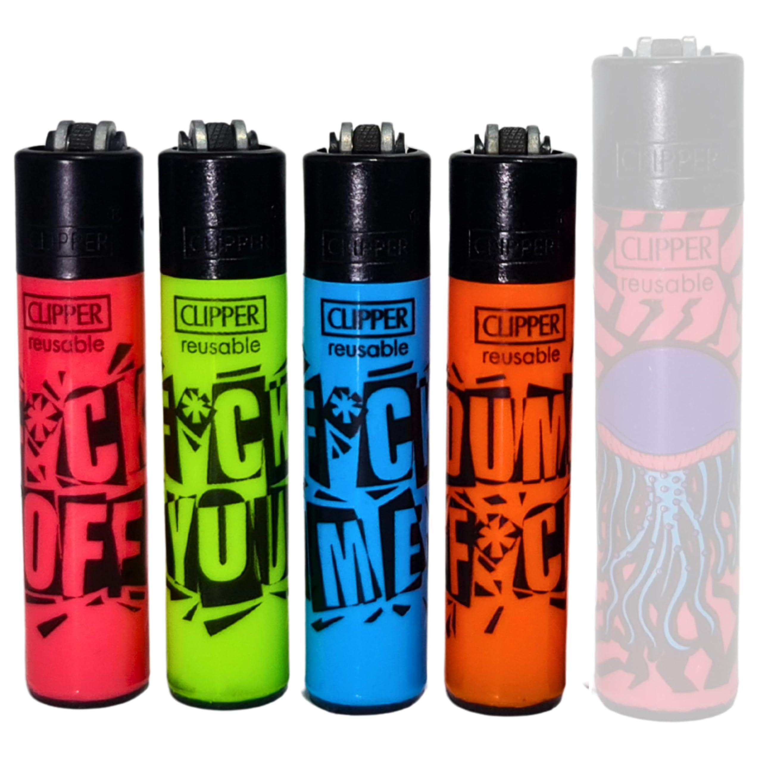 Zactly Multicolour - 4 X Mini Clipper Lighters Naughty Words F*Ck All Set Design, Gas Refillable Flint Rare - Limited Edition