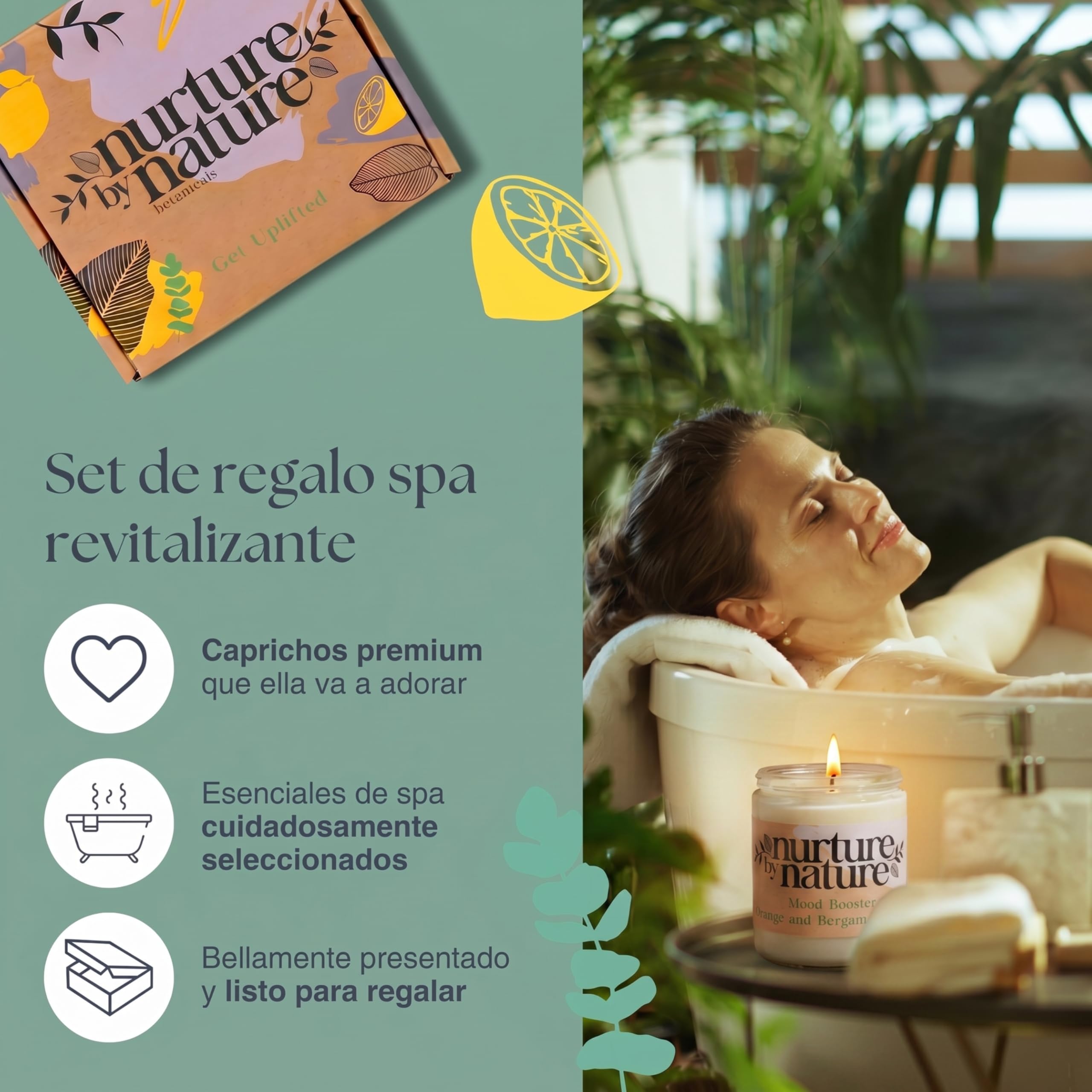 Nurture By Nature Set de Regalo para Mujer, Aceite Esencial, Sales de Baño, Jabón, Bombas de Baño, Vela