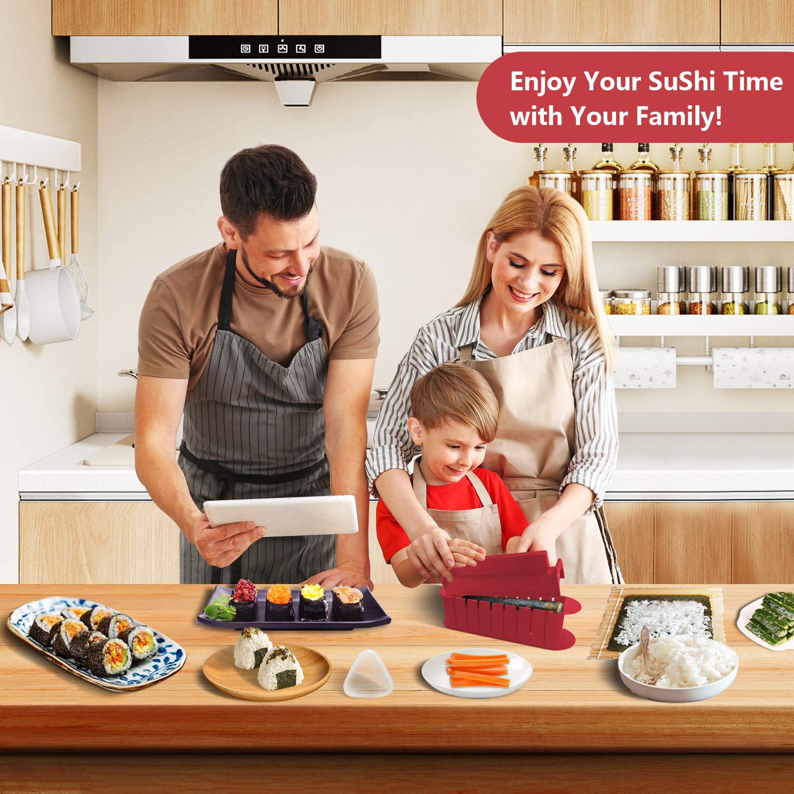 HI NINGER Sushi Maker Kit Completo, 20 Pezzi Set per adatto ai principianti da preparare da soli, con stampo per polpette di riso, coltello, tappetino, bacchette, bset completo Piatti da sushi(rosa)