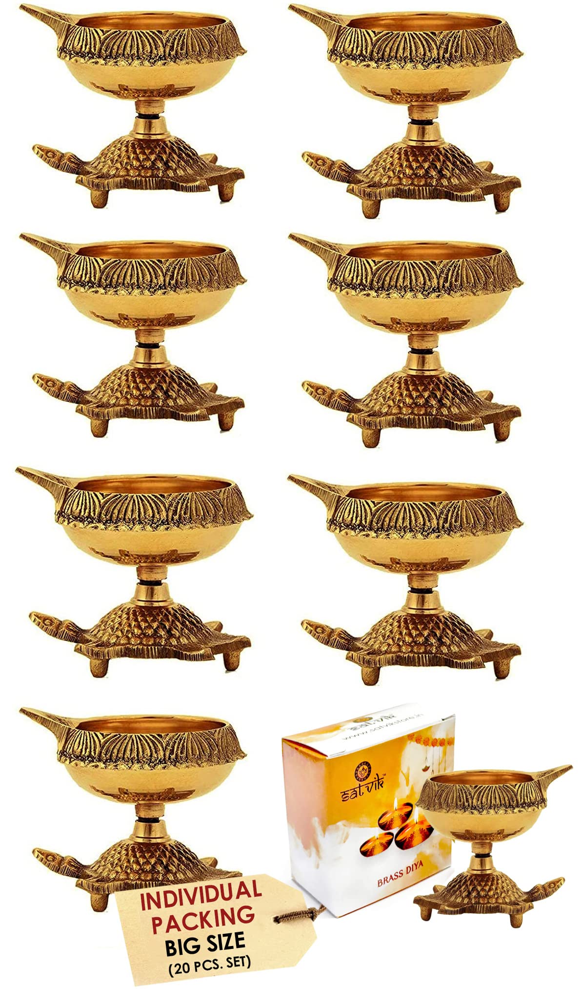 SATVIK 20 Pc Big Size Heavy Brass Kuber Turtle Diya for Diwali Decoration Handmade Oil Lamp with Gol