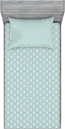 Ambesonne Eastern Fitted Sheet & Pillow Sham Set, Traditional Design Conceptual Artwork Sea Inspired Waves Retro Floral, Decorative Printed 2 Piece