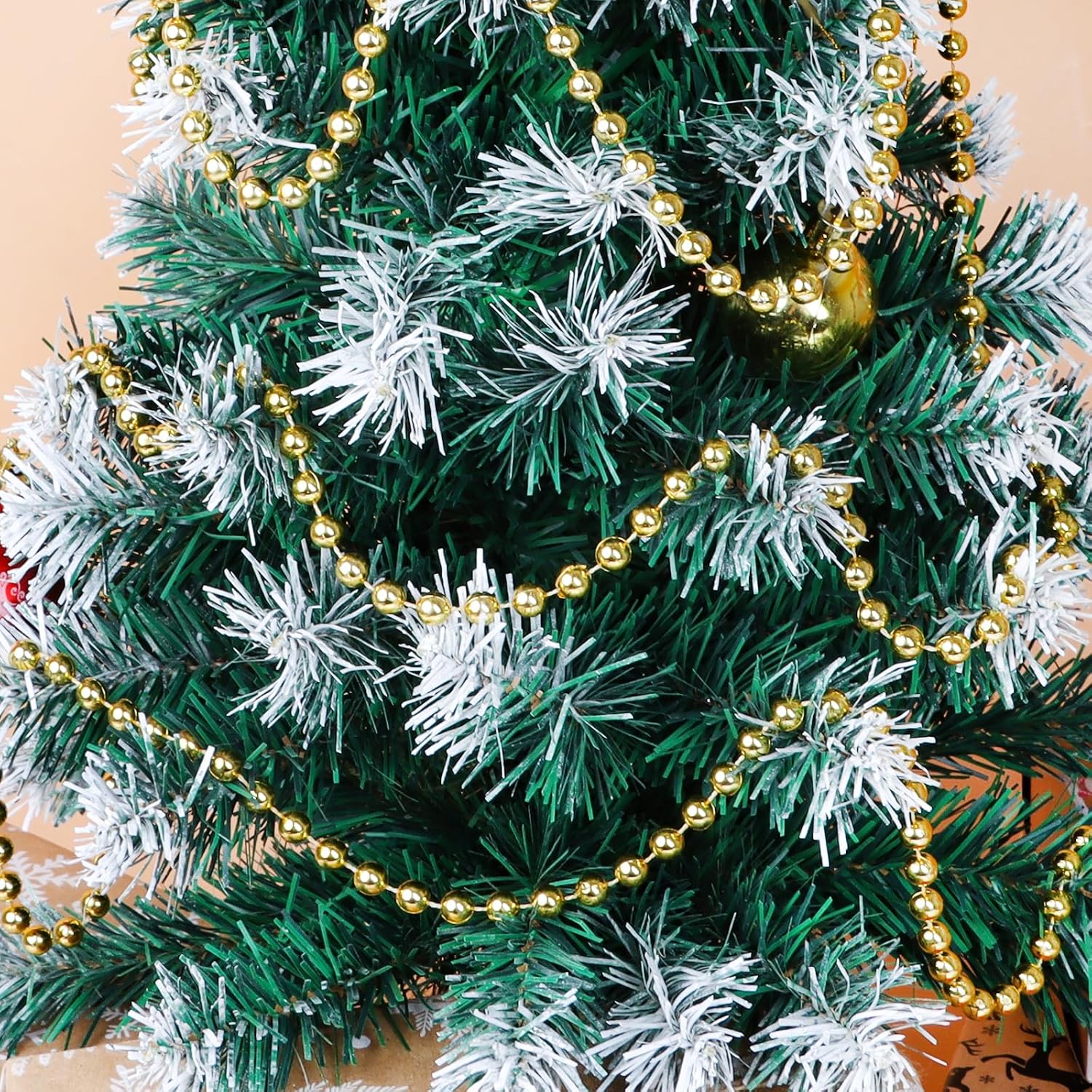 FOIMAS 50ft Christmas Tree Beads Garland,Artificial Pearls Beads Garland Trim Roll for Christmas Tree Wedding DIY Holiday Decoration Supply,Gold