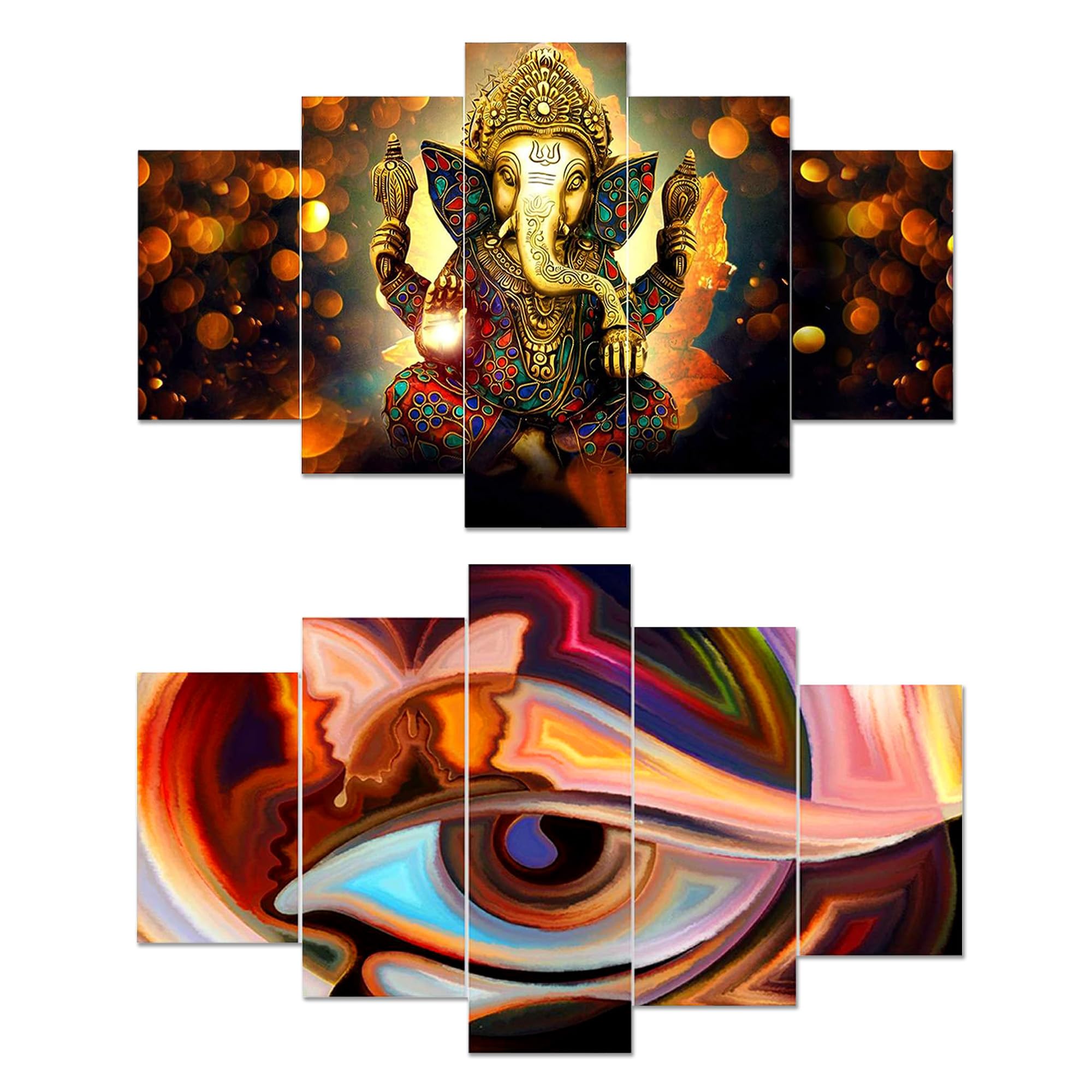 StarLoom EZ Wall Paintings | Wood Wall Art for Bedroom | Lord-Ganesha & Eye Printed Sculpture | Painting for office | Painting for Hotels | 10 Piece Set | 17x30 | Multi