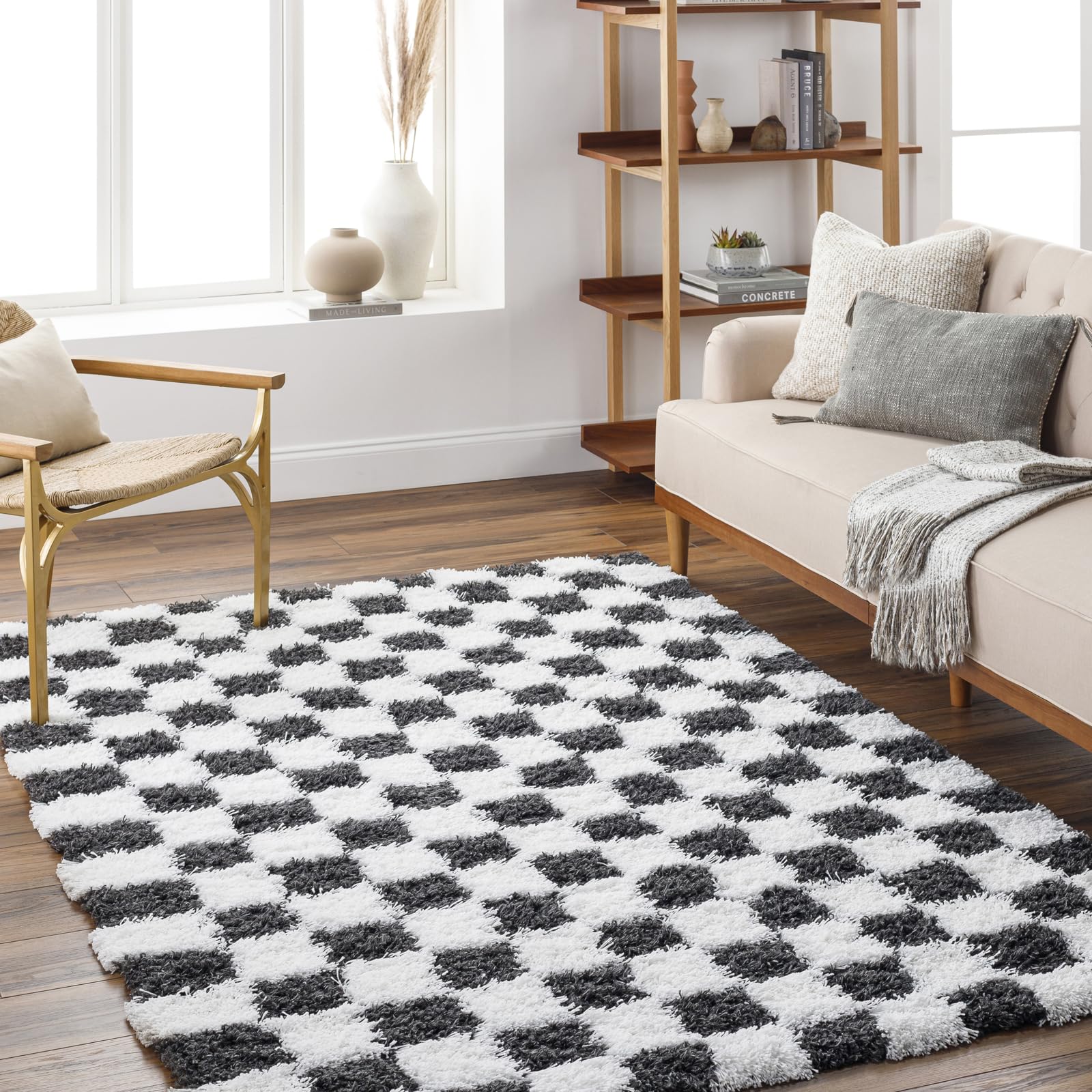 Livabliss White/Black Urban Shag-Modern Checkered Soft Plush Pile Rug - 200 X 290 Cm