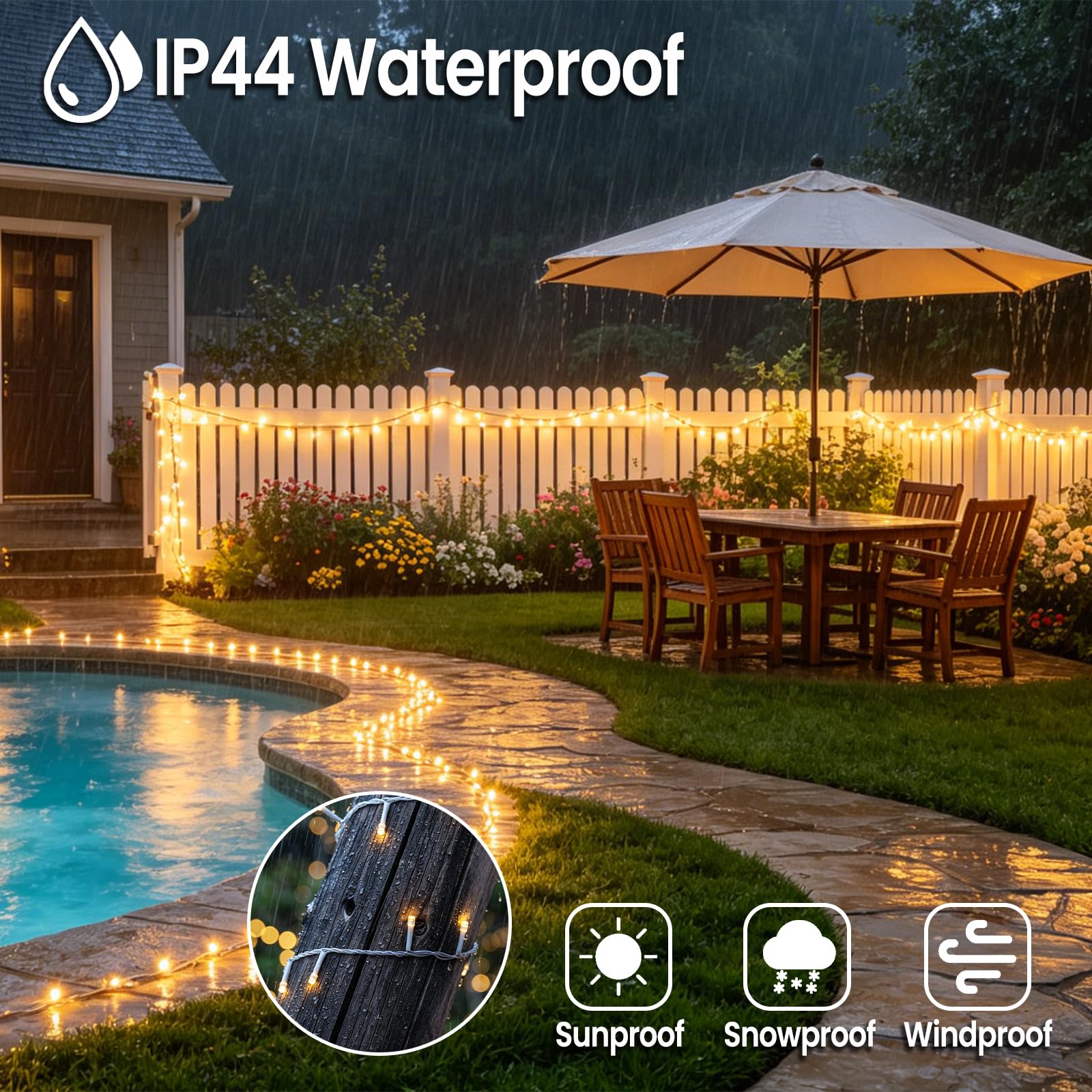 Luces Navidad exterior 100m 1000 LED arbol Navidad con 31V enchufe: temporizador, función de memoria, 8 modos, IP44 resistente al agua para fiestas Halloween Pascua jardín, Blanco cálido