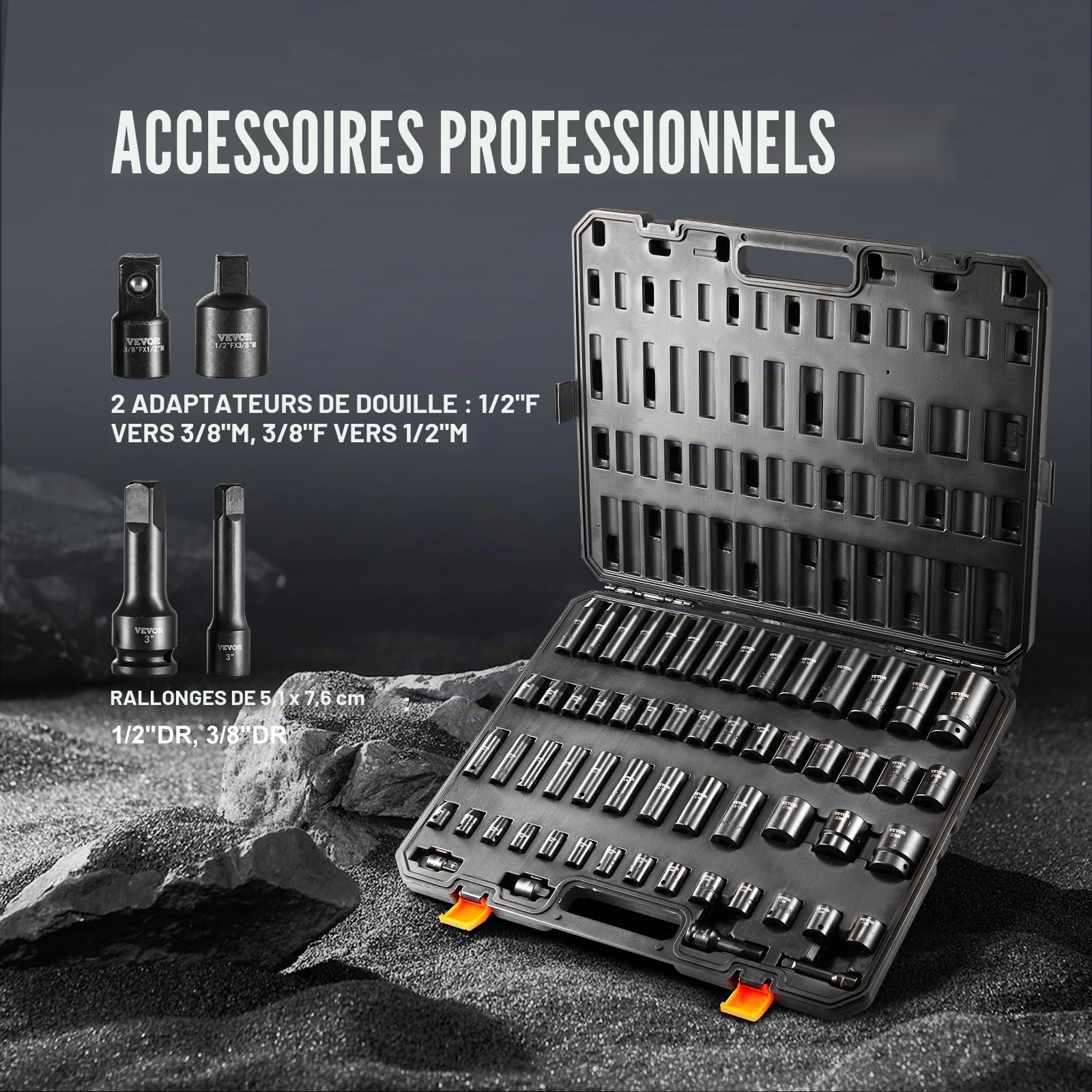 VEVOR Coffret Douilles à Chocs 3/8" et 1/2" SAE (5/16"-1-1/4") Métrique 6-32 mm, Kit pour Clé à Cliquet 59PCs, en Acier Cr-Mo, 6 Pans, Étiquettes Transparentes, pour la Réparation Automobile, Atelier