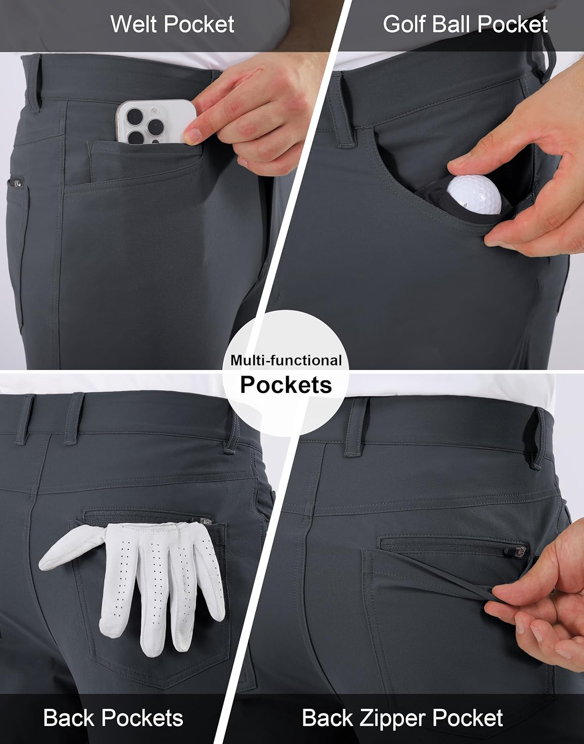 Mens Golf Pants Stretch 5 Pocket Classic Fit 30"/32"/34" Quick Dry Water-Resistant Dress Casual Work Trousers