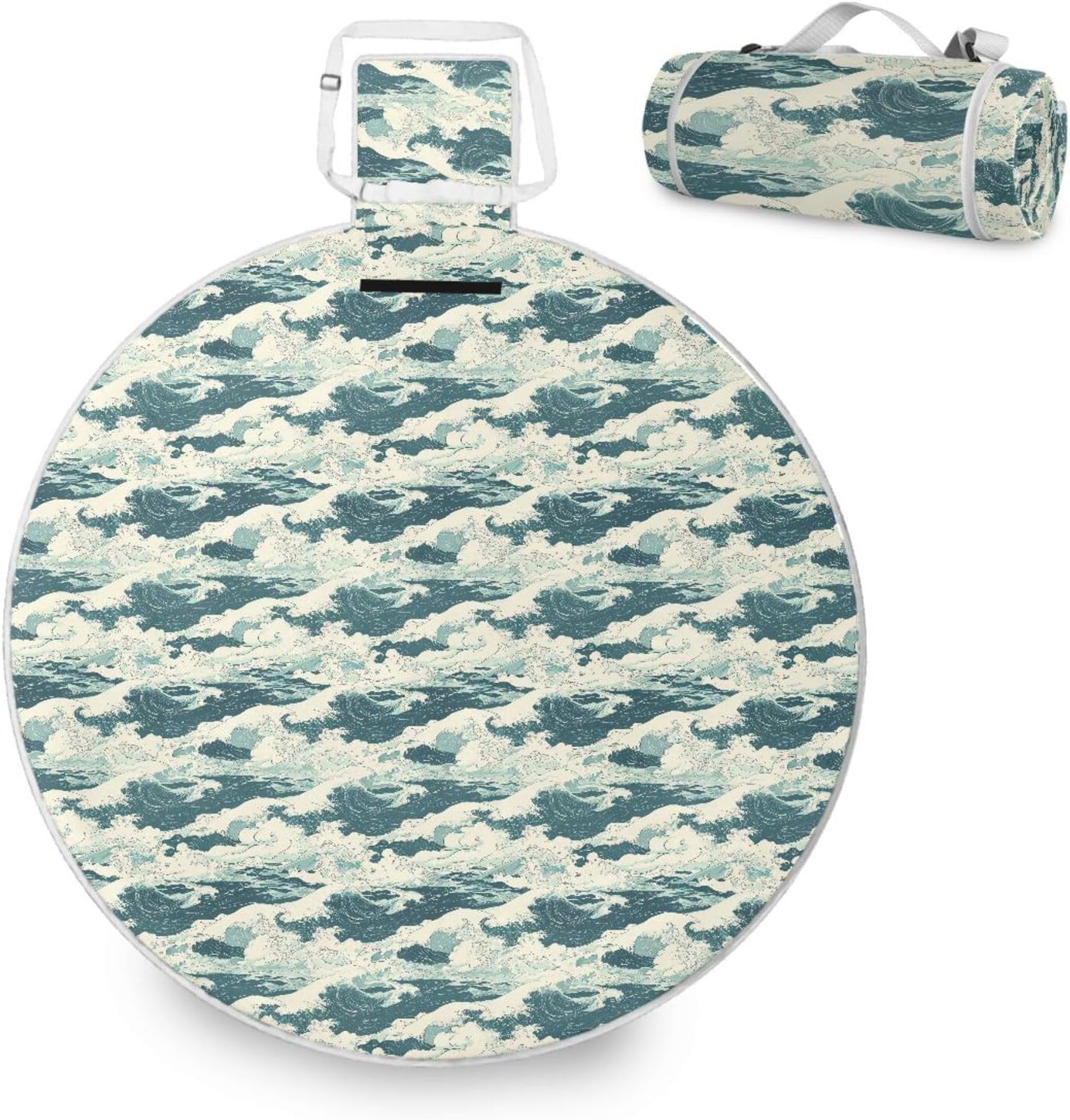 Round Picnic Set - Fits 2 Adults, Summer Accessories Water-Resistant Foldable Picnic Blanket for Beach Mat or Family Outdoor Camping Party 58 in (Cyan Sea Wave)